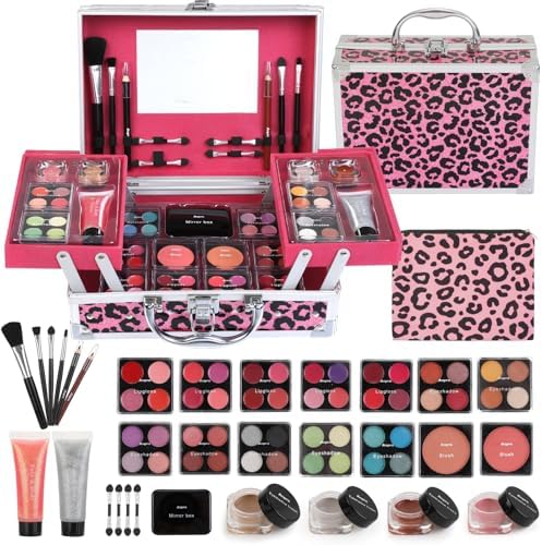 Anpro All-In-One Leopord Double Folding Makeup Carry Case with Pro Teen Makeup Set, Full Starter Kit with Makeup Brushes, Lipsticks, Eyeshadow Palette, Blushes, Glitter Gel, Ideal Present for Girls Anpro