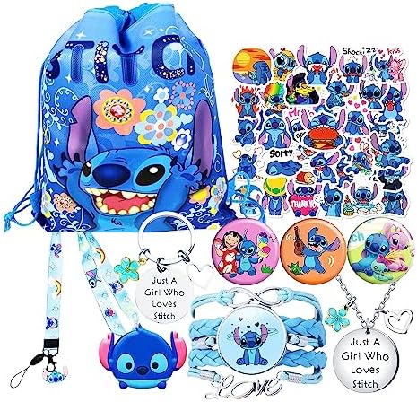 for Stitch Merchandise Stuff Gifts Set for Girls, 59 Pcs Cute Anime Merch Accessories Include Drawstring Bag Backpack, Stickers, Lanyard, Necklace, Bracelet, Keychain, Phone Holder, Button Pins BLUEZY