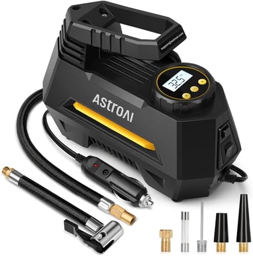 AstroAI Tire Inflator Portable Air Compressor Tire Air Pump for Car Tires - Car Accessories, 12V DC Auto Pump with Digital Pressure Gauge, Emergency LED Light for Bicycle, Balloons, Yellow AstroAI