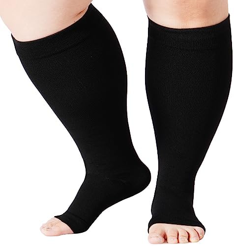 Abodhu Plus Size Compression Socks Open Toe Compression for Women& Men 15-20mmHg Wide Calf Knee High Toeless Compression Sock Abodhu