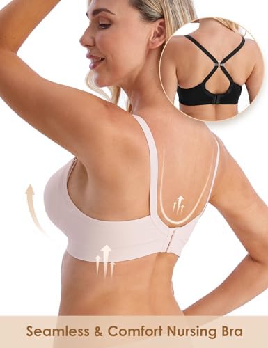 HOFISH Maternity Nursing Bras for Breastfeeding, 3 Pack Pregnancy Deep V Neck Wireless Bra with Extenders & Clips HOFISH