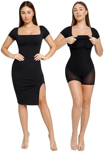 Женская Ночная сорочка Popilush Shapewear Dress Shaper Формальная Миди Рабочая Сорочка С Квадратным Вырезом Коротким Рукавом И Разрезом Popilush