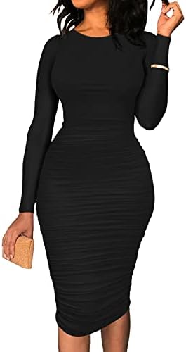 Женское Вечернее Платье BEAGIMEG Ruched Long Sleeve Elegant Bodycon Basic Casual Midi Dress BEAGIMEG