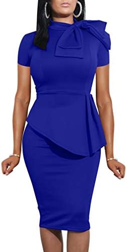 LAGSHIAN Women Fashion Peplum Bodycon Short Sleeve Bow Club Ruffle Pencil Party Dress LAGSHIAN