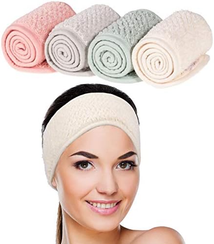 Whaline 4 Pack Spa Facial Headband Makeup Hair Wrap Adjustable Hair Band Soft Towel Head Band for Face Washing, Shower Sports Yoga (Pea Green, Pink, Beige, Light Gray) Whaline