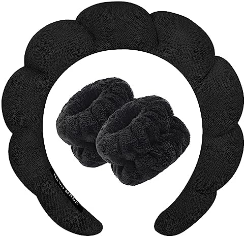 Zkptops Spa Headband for Washing Face Wristband Sponge Makeup Skincare Headband Terry Cloth Bubble Soft Get Ready Hairband for Women Girl Puffy Padded Headwear Non Slip Thick Hair Accessory(Black) Zkptops