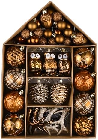 Valery Madelyn Fall Ornaments for Christmas Trees, 70ct Bronze Copper and Gold Shatterproof Christmas Fall Tree Decorations, Woodland Brown Hanging Ball Ornaments Bulk for Thanksgiving Autumn Harvest Valery Madelyn