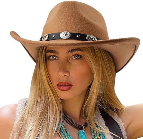 DRESHOW Women Men Classic Felt Wide Brim Western Cowboy & Cowgirl Cap Belt Buckle Retro Panama Hat Unisex Rolled up Caps Dreshow