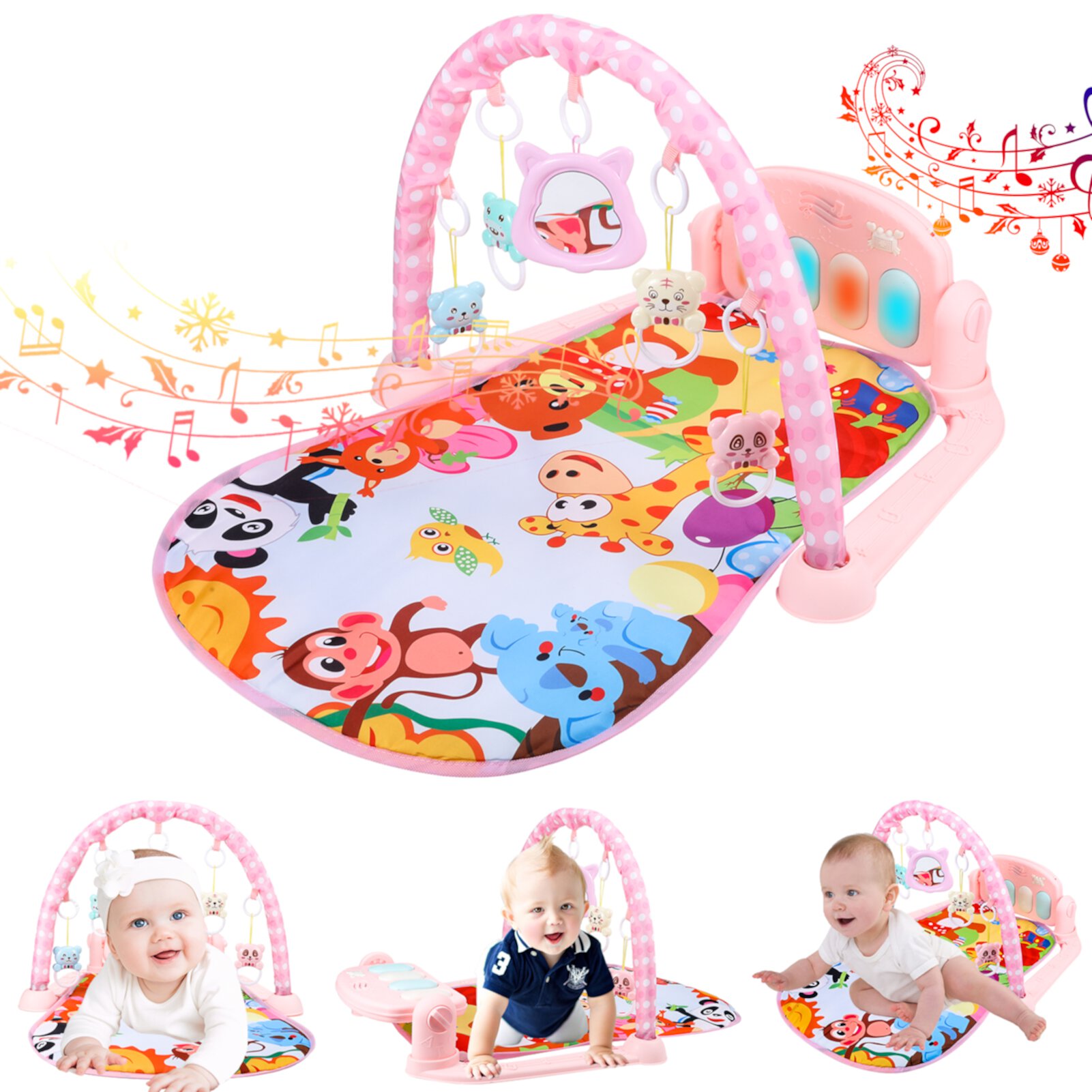 sixwipe Baby Play Mat, Baby Play Gym Piano with Music & Lights, Thicked Playmats & Floor Gyms for Newborn 0-36 Months, Baby Musical Activity Center with 5 Rattle Toys, Zoo Print Sixwipe