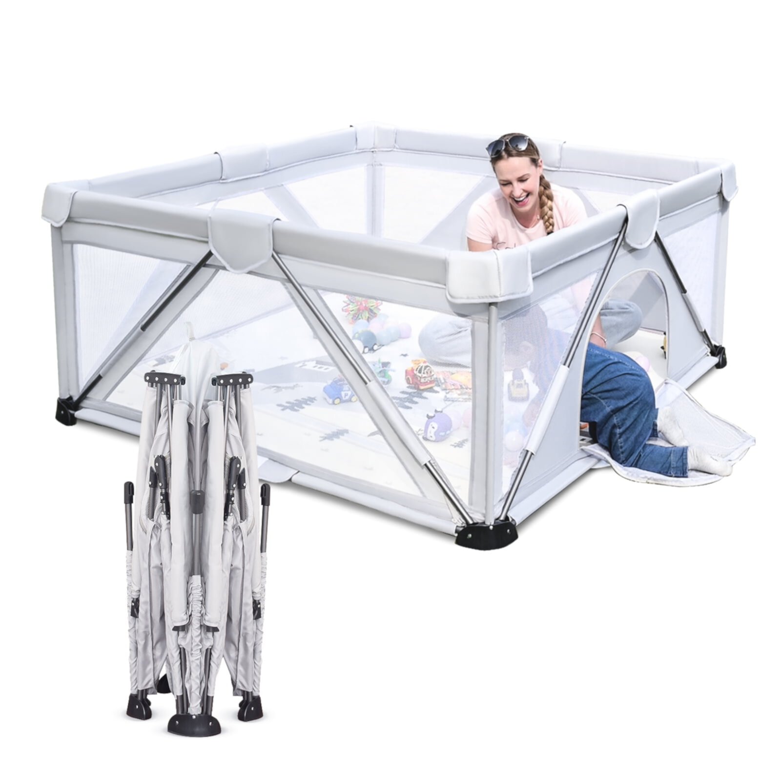 Baby Playpen Foldable, Heyo.Ja Large Play Yard, Play Pens for Babies and Toddlers, Portable Play Pen, Light Gray Heyo.Ja