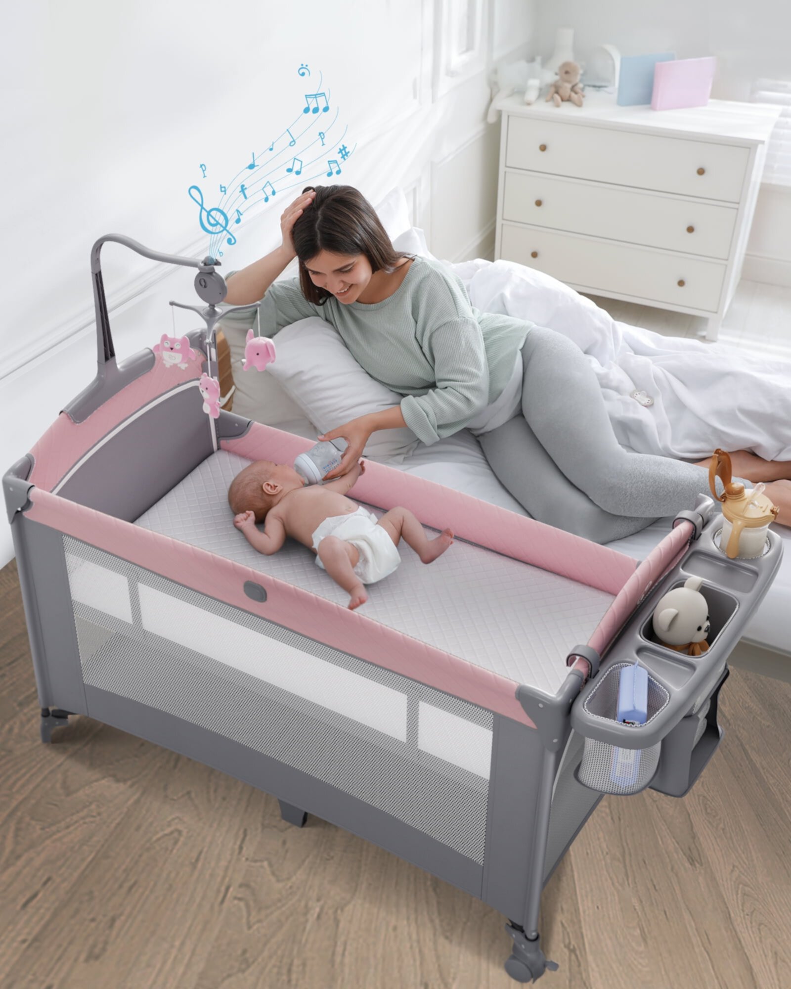 5 in 1 Baby Bassinet Bedside Sleeper, Rocking Bassinet for Baby, Easy Folding Portable Playards, Pack and Play with Mattress, Diaper Changer and Music Mobile Gray Babyomi