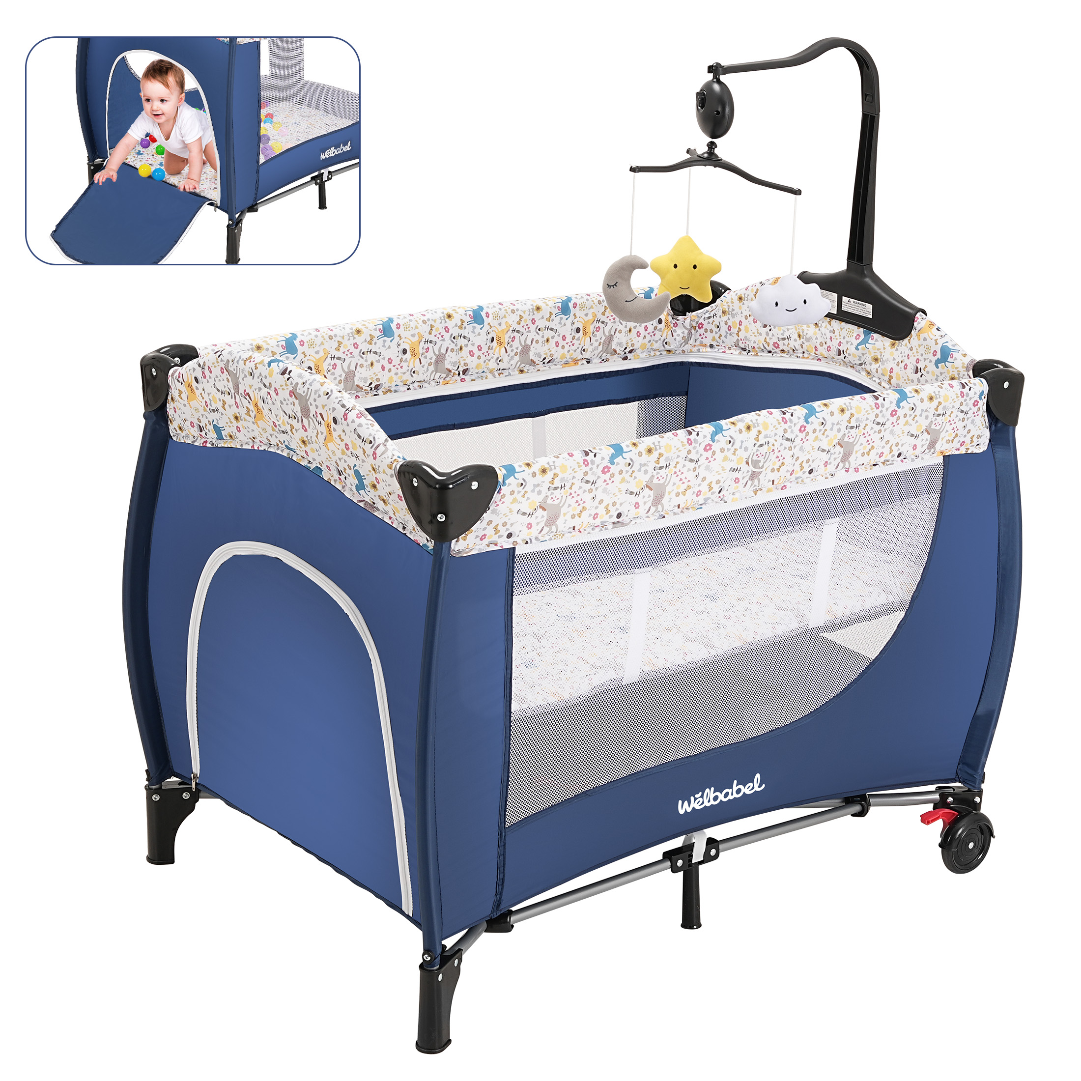 Welbabel Baby Playard with Bassinet,Unisex Playpen Include Music Box and Hanging Toys,Portable Crib for Newborn to Toddlers,Blue Welbabel