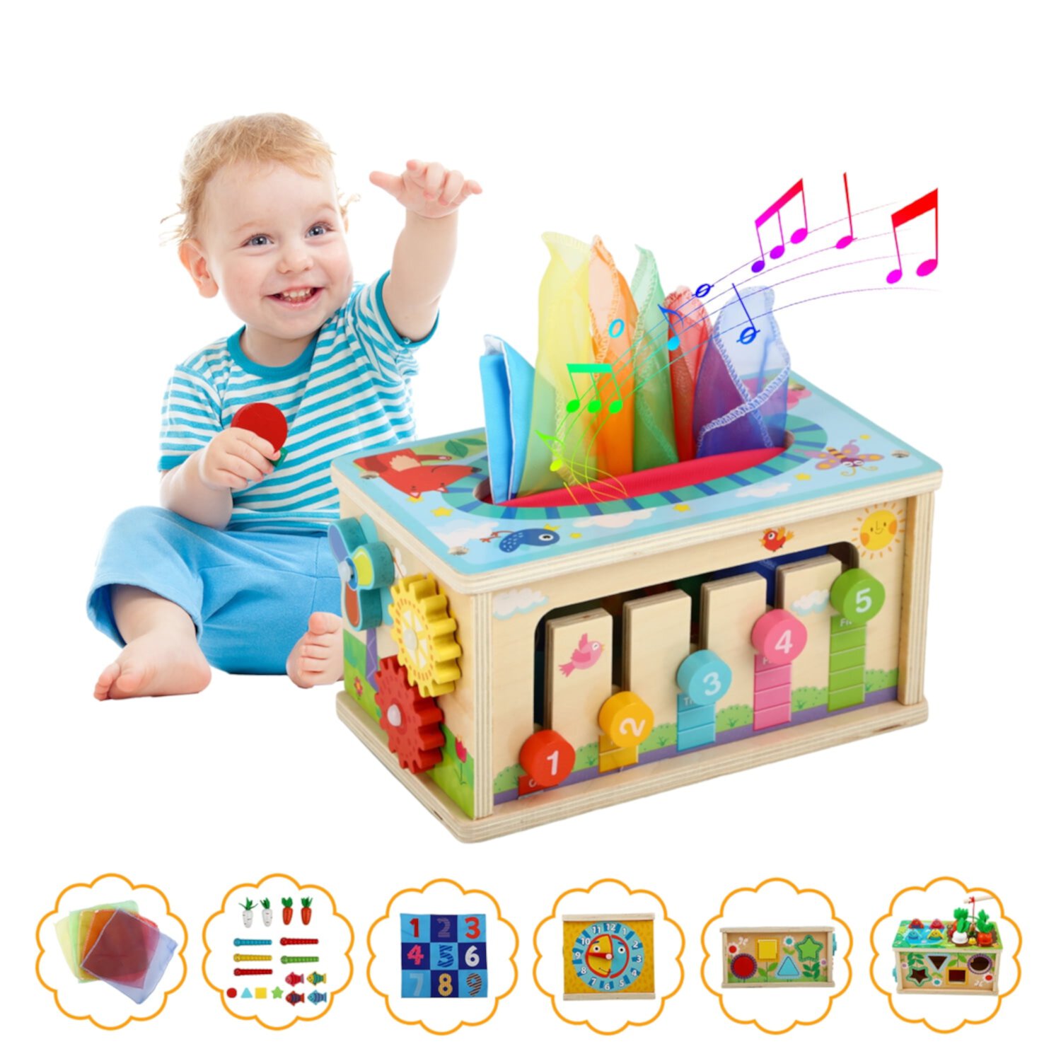 UUSUOO 6-in-1 Montessori Tissue Box Toy for One Year Old, Wooden Activity Cube for Babies, Baby Puzzles 12-18 Months, Sensory Toys for 1 Year Old, Baby 1st Birthday Gift UUSUOO