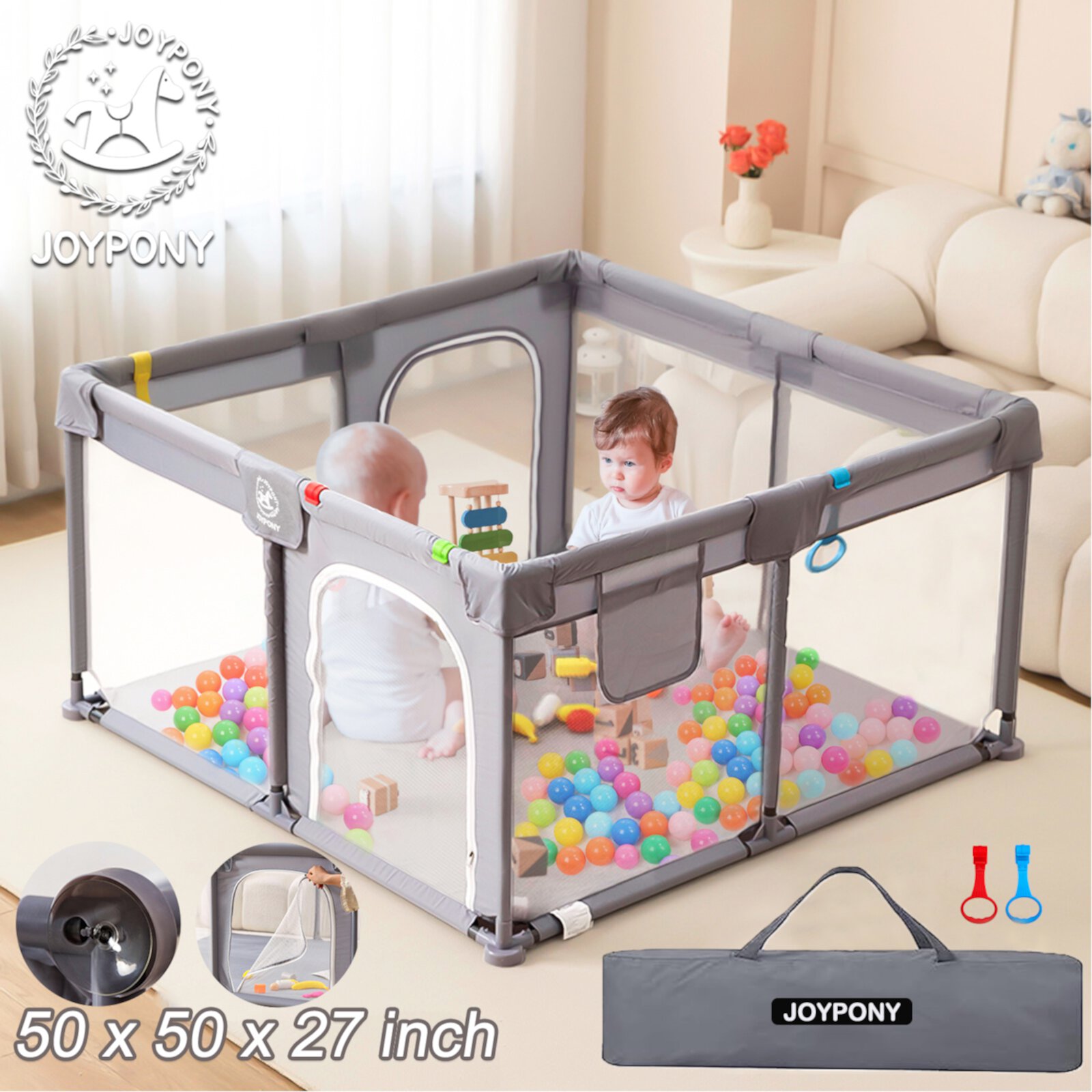 Joypony Extra Large Baby Playpen - Babies and Toddlers Playard and Activity Center (50x50x27 inch) Joypony