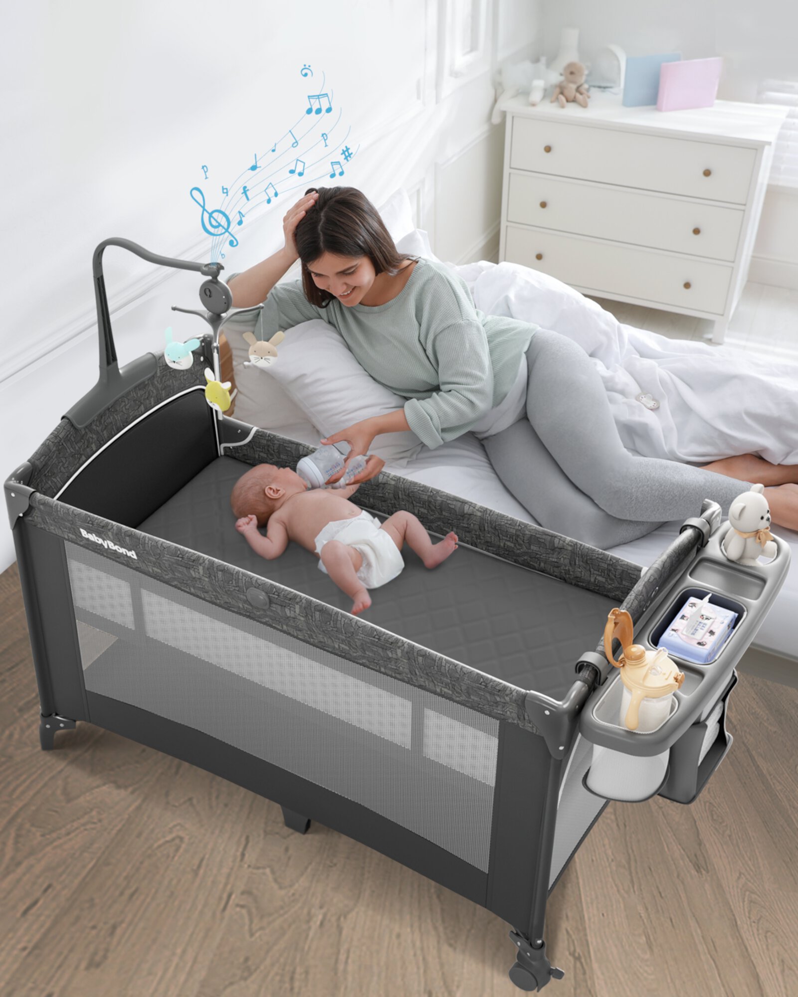 5 in 1 Baby Bassinet Bedside Sleeper, Rocking Bassinet for Baby, Easy Folding Portable Playards, Pack and Play with Mattress, Diaper Changer and Music Mobile Gray Babyomi