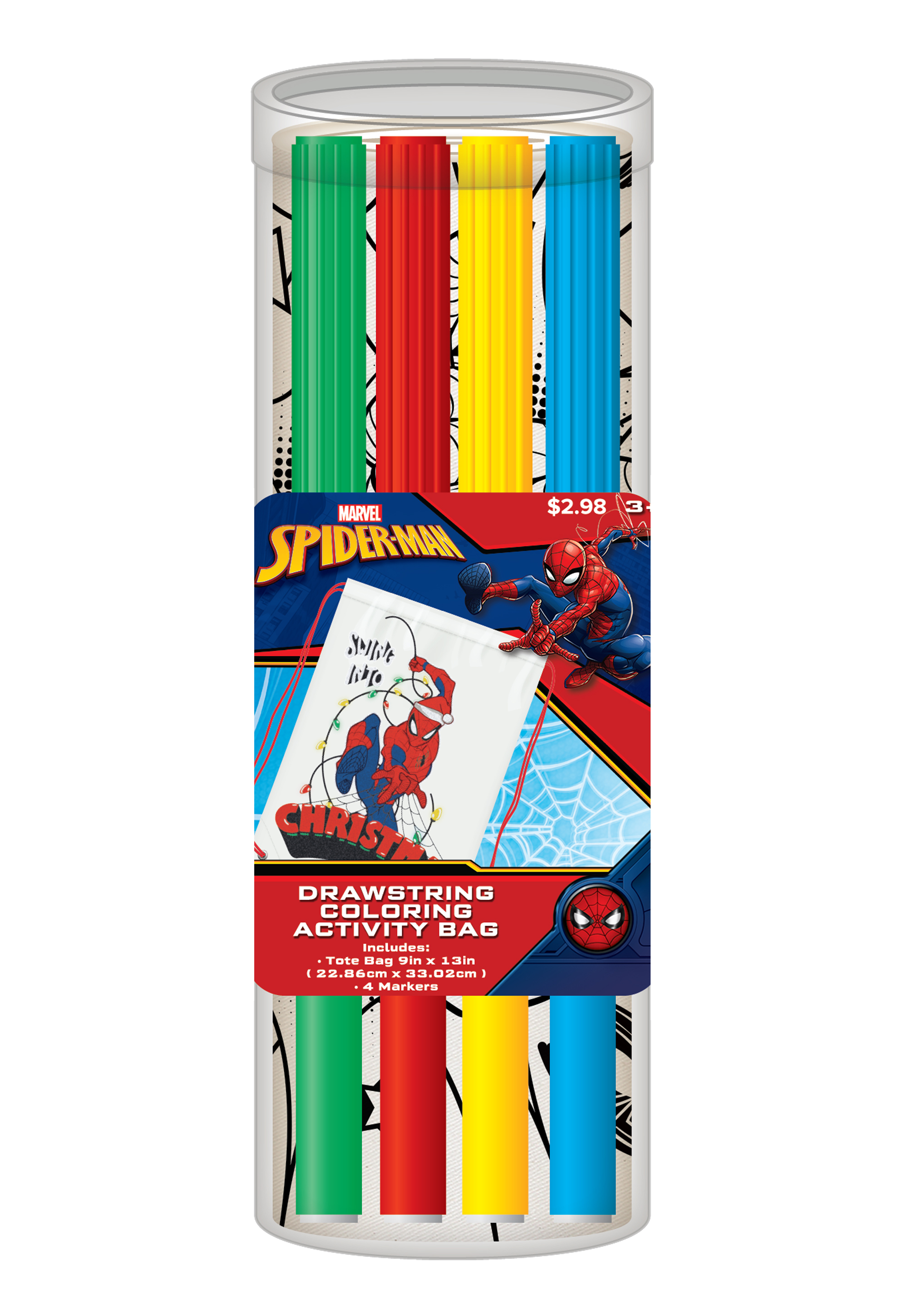 Spider-Man Christmas Drawstring Tote Bag Coloring Set, Includes Markers, for Children Ages 6+, Beginners Spider-Man