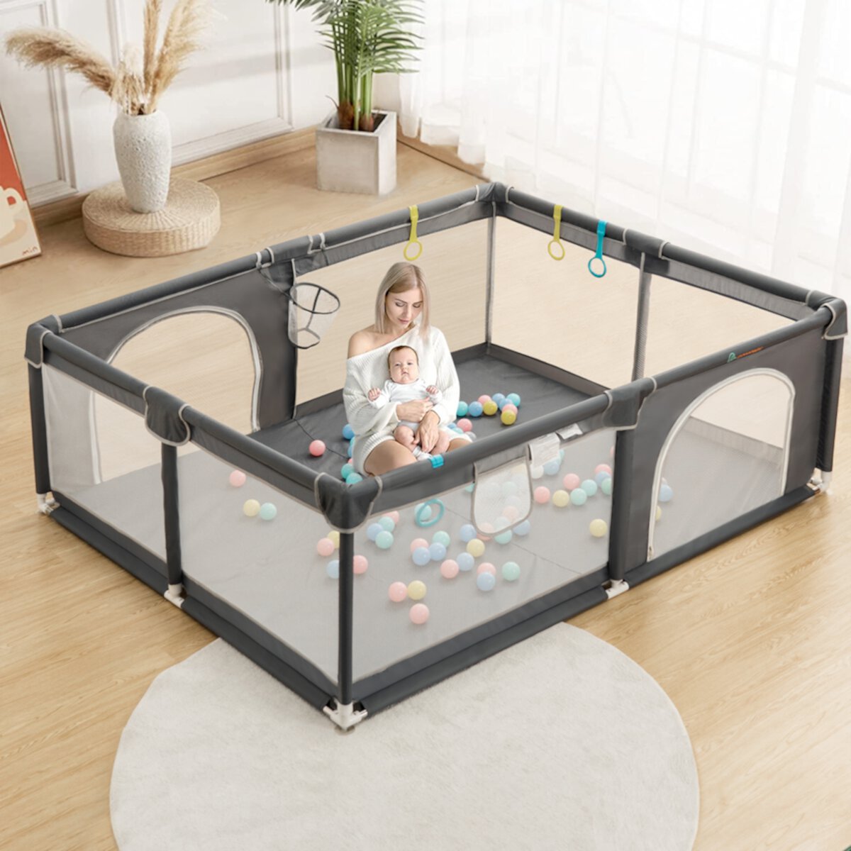 Large Baby Playpen, 79x63x27inch Activity Center Playard for Babies and Toddlers, Gray Novashion