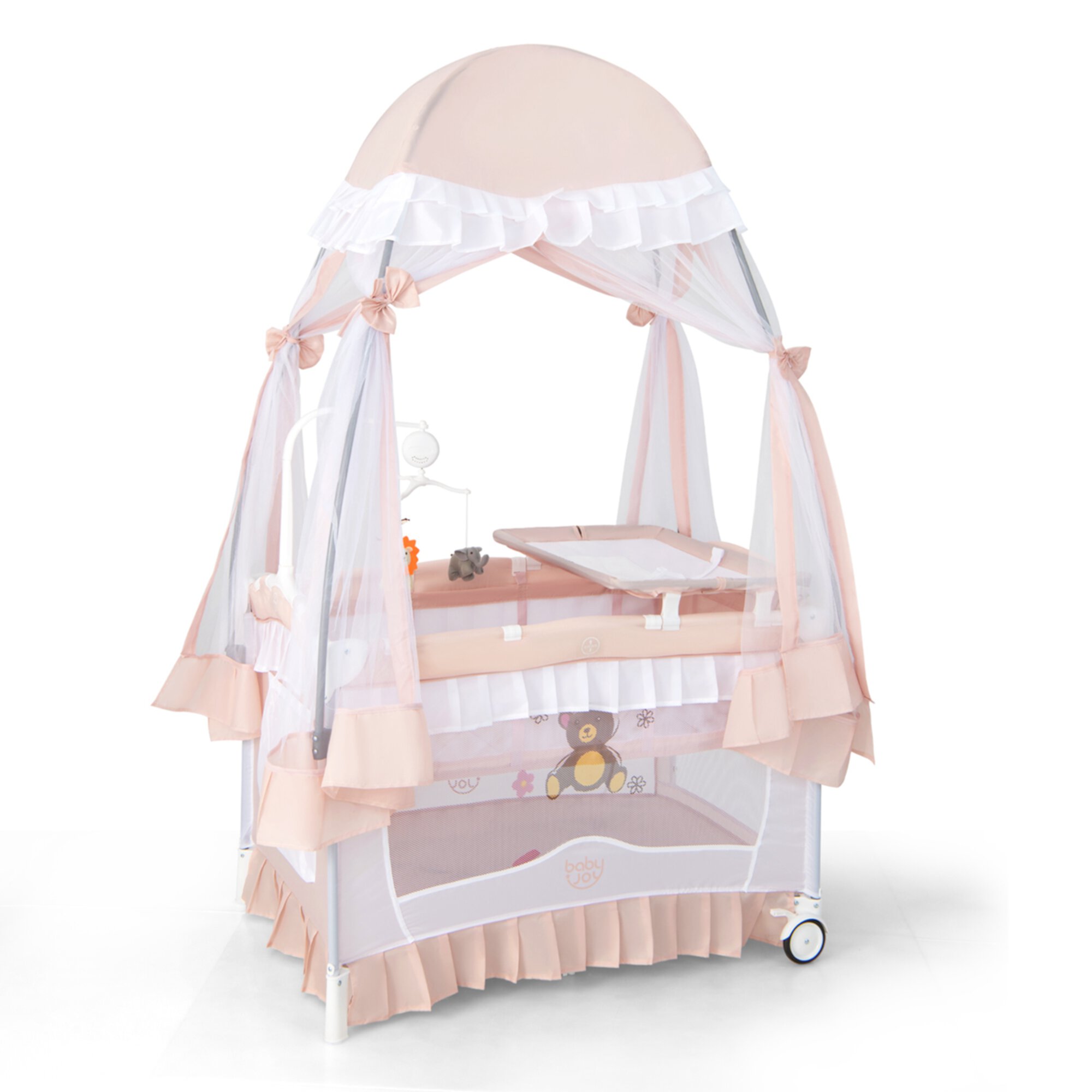 Babyjoy Portable Playpen Crib Cradle Baby Bassinet Changing Pad Mosquito Net with Bag Light Pink Visit the Costway Store