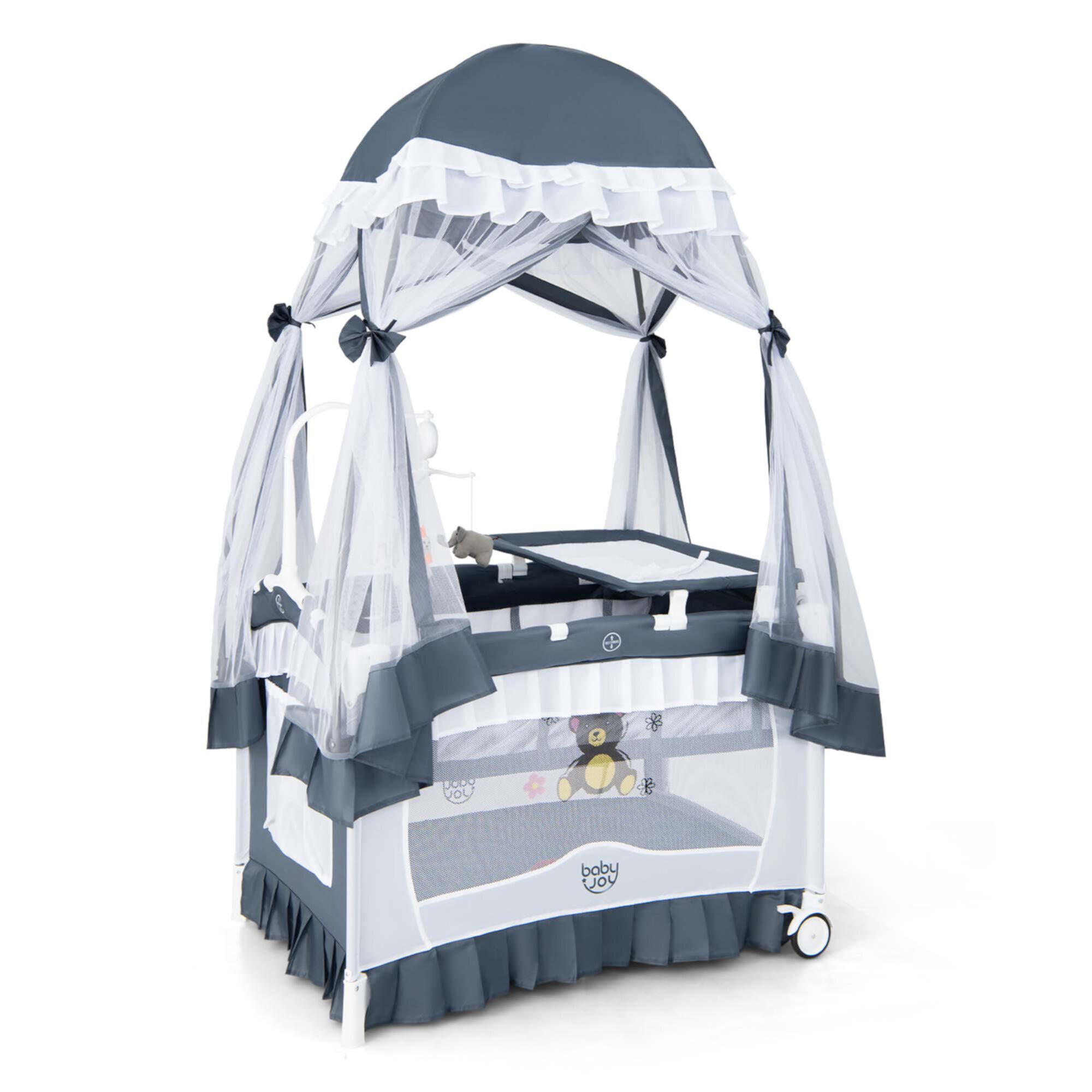 Costway Baby Playard Crib Bed 4 in 1 Portable with Changing Table Canopy Music Box Grey Visit the Costway Store