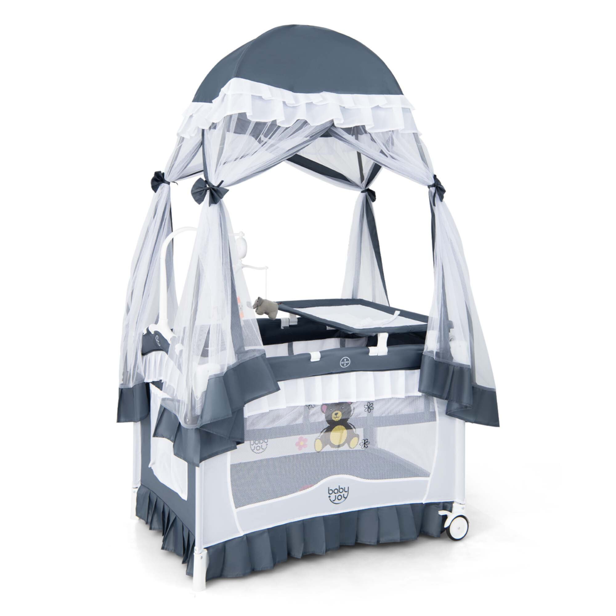 Costway Baby Playard Crib Bed 4 in 1 Portable with Changing Table Canopy Music Box Grey Costway