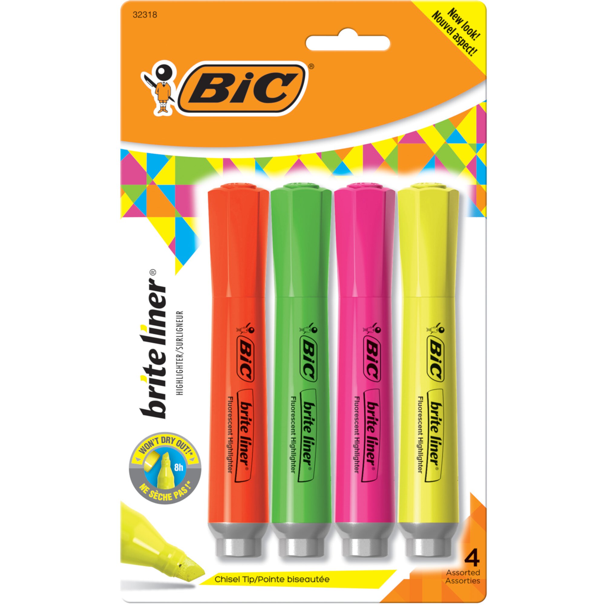 BIC Brite Liner Grip XL Tank Highlighters, Chisel Tip, Assorted Colors, Pack of 4 BIC