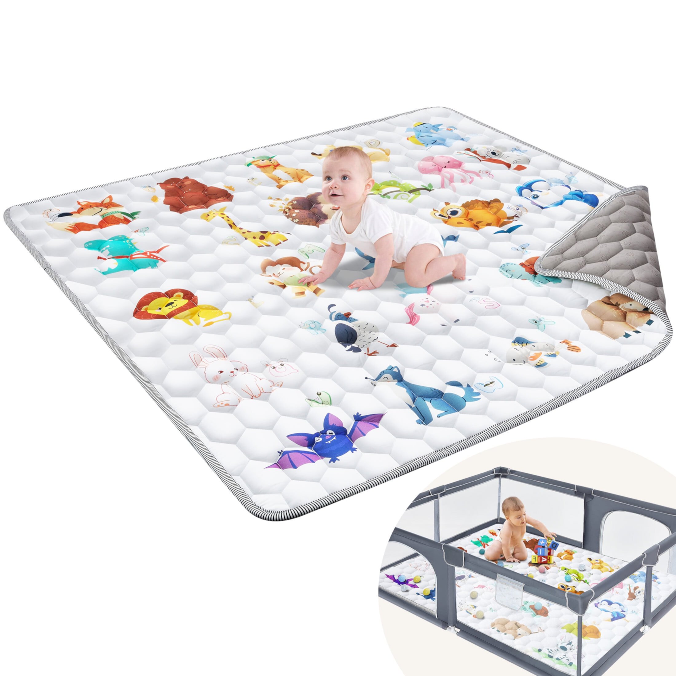 Baby Play Mat, 71" X 59" Tummy Time Mat with Soft Touch, Foldable Thick Activity Mat with Anti-Slip for Babies and Toddlers, Machine Washable Crawling Mat for Floor & Picnic - Animal OTDLIGHT