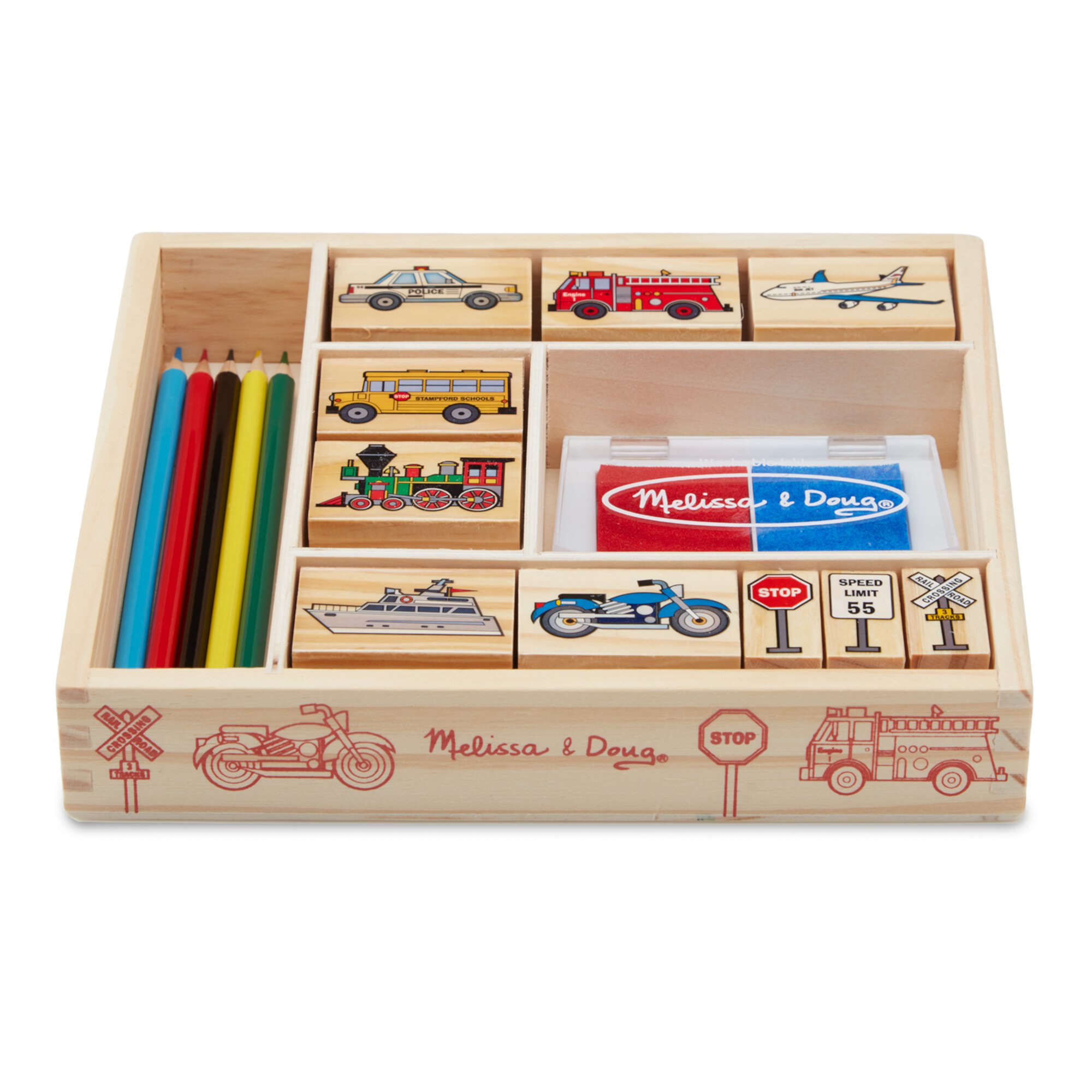 Melissa & Doug Wooden Stamp Set: Vehicles - 10 Stamps, 5 Colored Pencils, 2-Color Stamp Pad Melissa & Doug