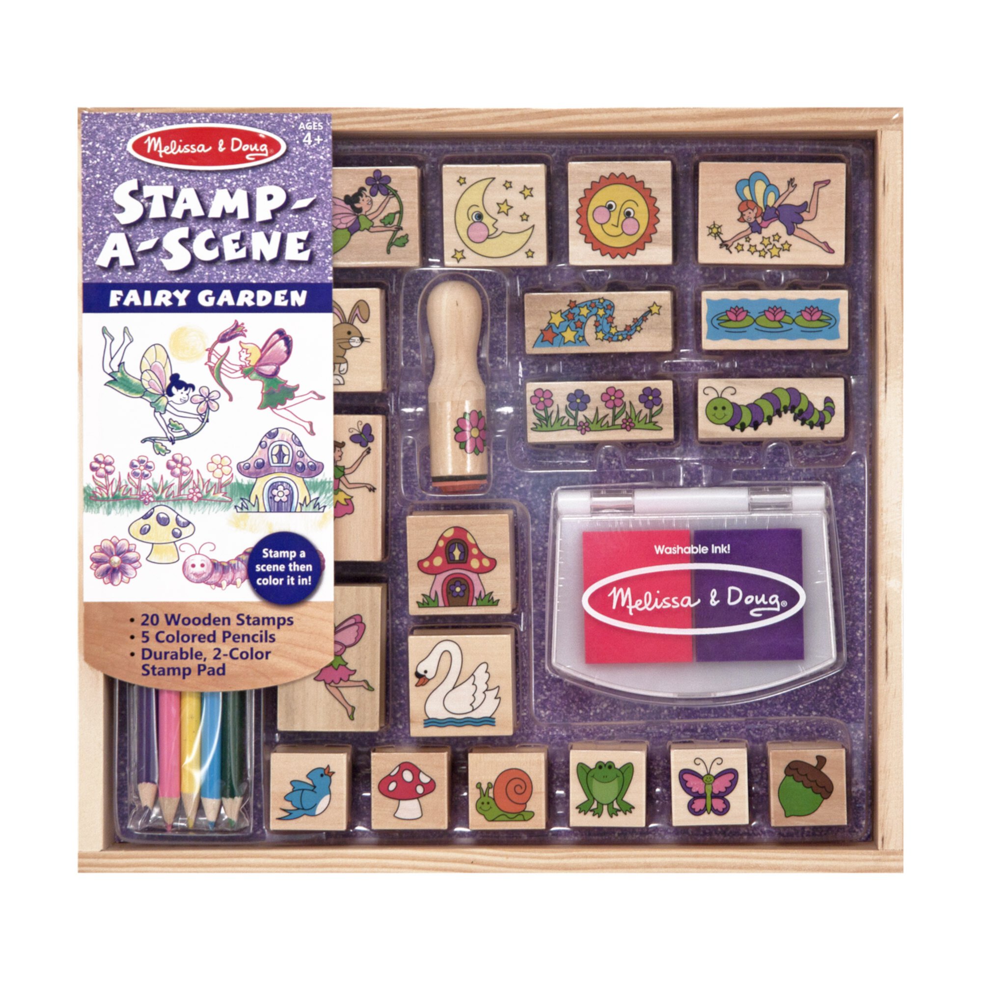 Melissa & Doug Stamp-a-Scene Stamp Pad: Fairy Garden - 20 Wooden Stamps, 5 Colored Pencils, and 2-Color Stamp Pad Melissa & Doug