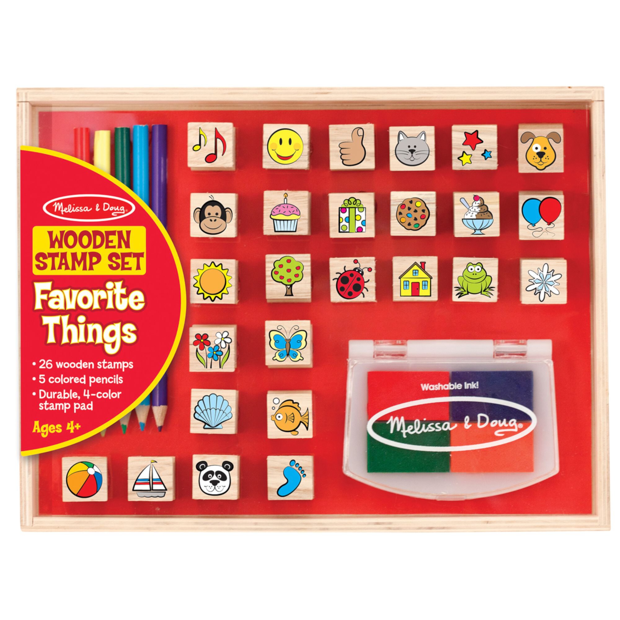 Melissa & Doug Wooden Stamp Set, Favorite Things - 26 Wooden Stamps, 4-Color Stamp Pad Melissa & Doug