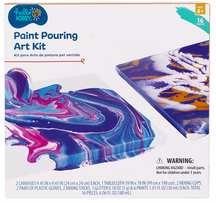 Hello Hobby Paint Pouring Kit, Multi-Color, Makes 2 Fluid Art Projects | Ages 8+, 16 Pieces Hello Hobby