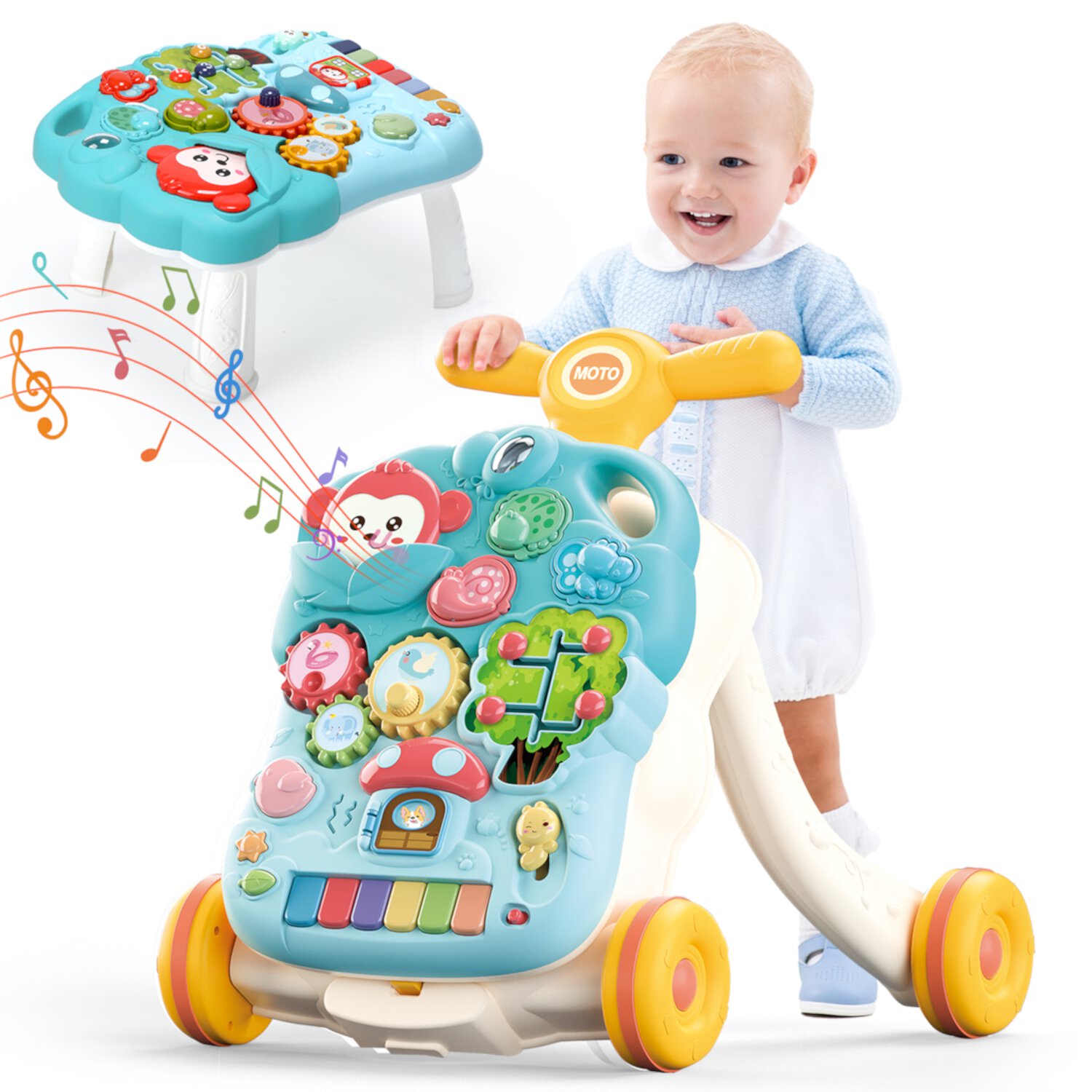 JoyStone 2 in 1 Baby Walker with Musical Play Table, Sit to Stand Toddler Learning Push Toys for 6-18 Months, Blue JoyStone