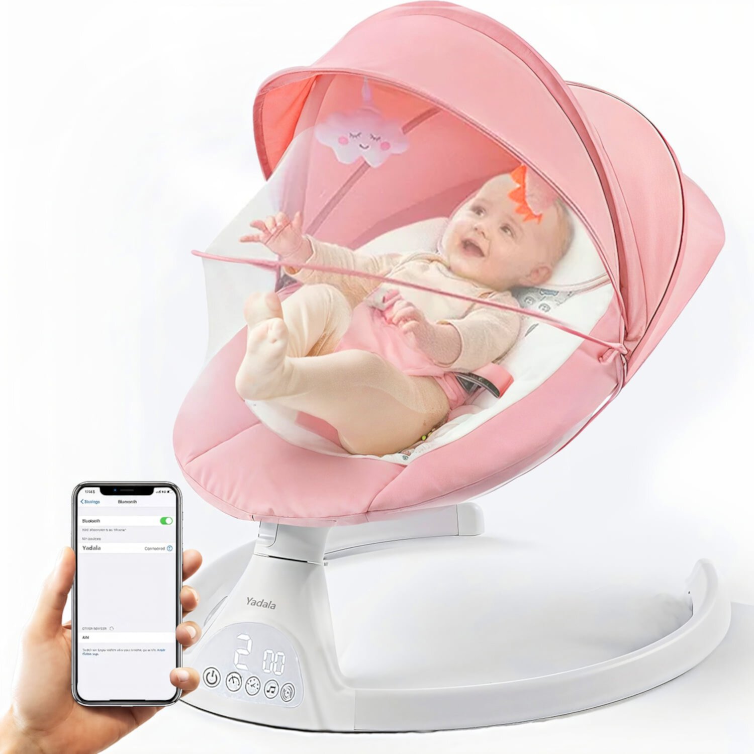 Yadala Electric Baby Swing, Portable Baby Swing for Infants Bouncer for Boy Girl with Bluetooth, Remote Control, 5 Speeds, 10 Music Pink Yadala