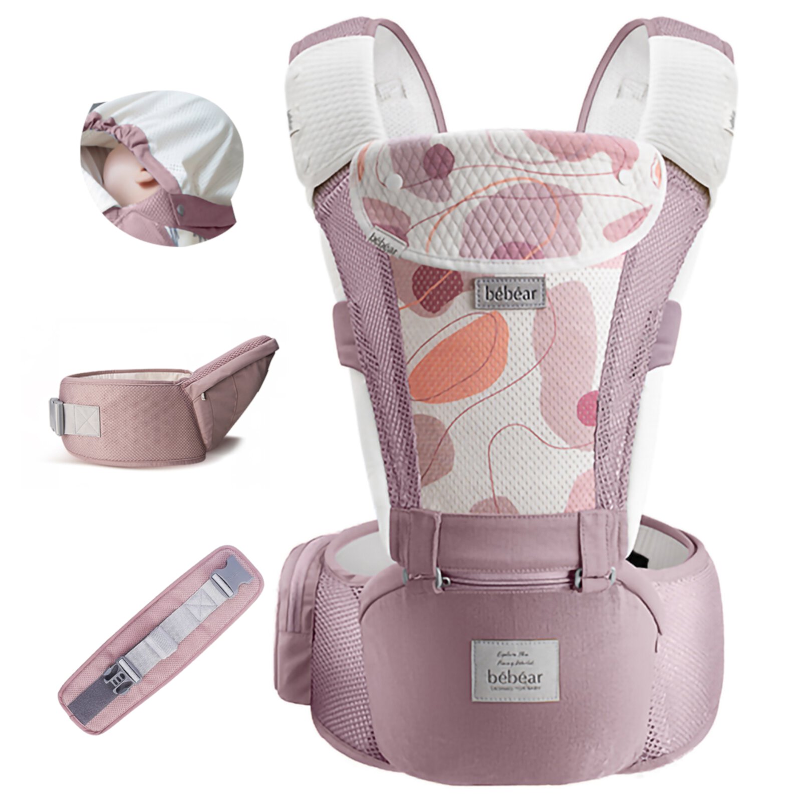 Bebamour Baby Carrier Newborn Front and Back Carry Baby Carrier Newborn to Toddler Baby Hip Carrier with Head Hood & 3 Pieces Teething Pads (Pink) Bebamour