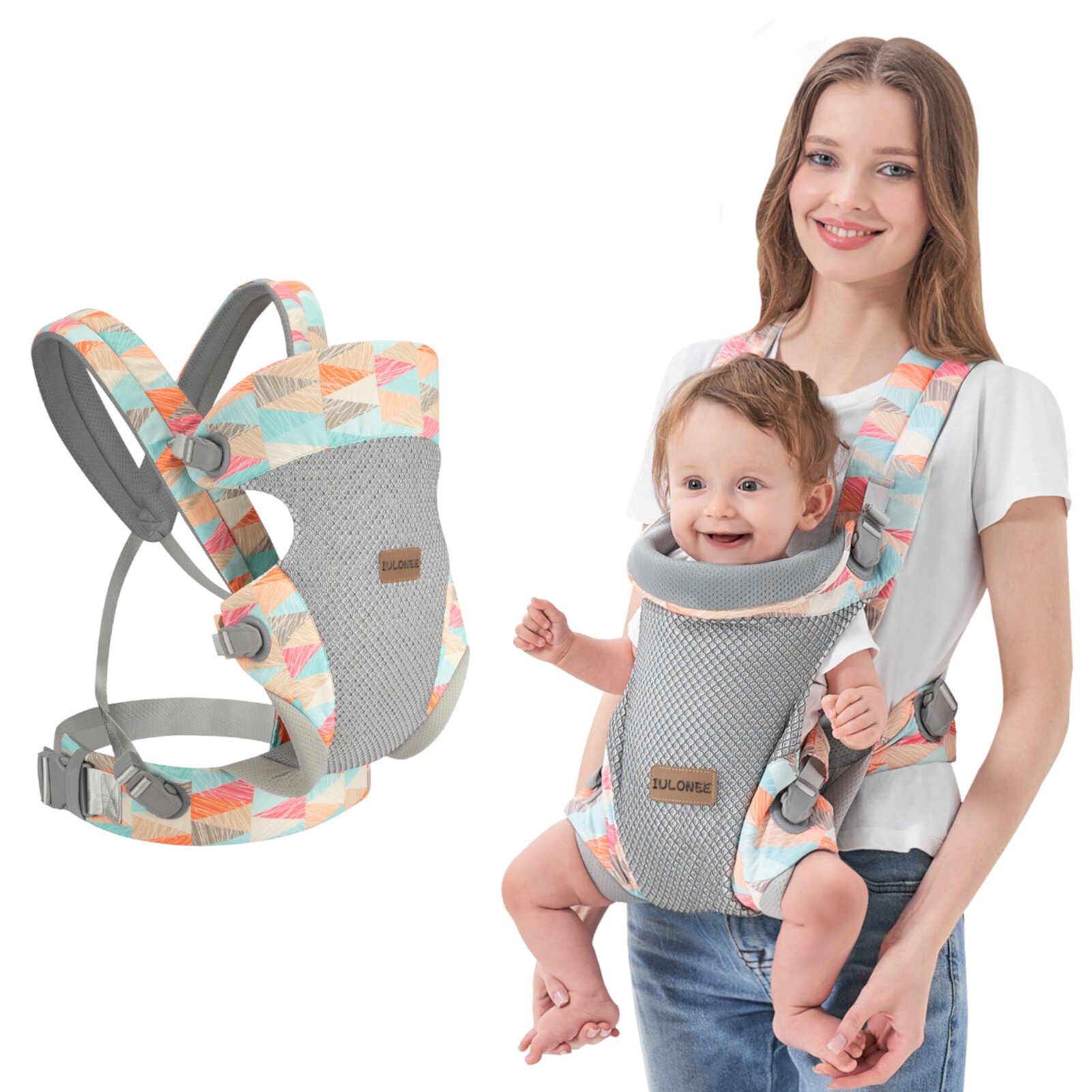 IULONEE Breathable Baby Carrier, Adjustable Baby Wrap Carrier with Lumbar Support, All-Position Baby Holder Carrier for Toddler Infant (Colorful) IULONEE