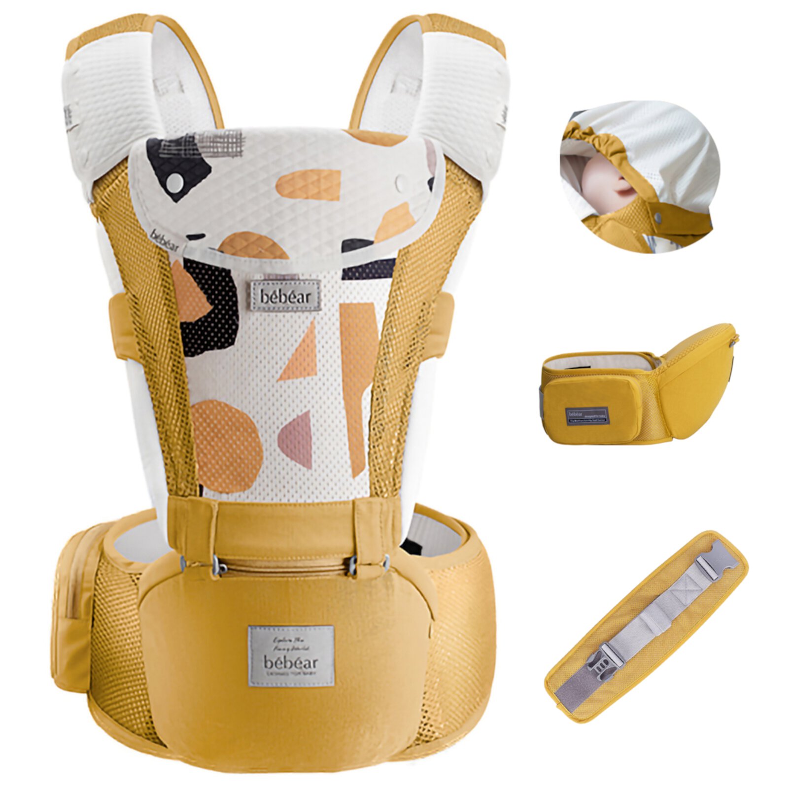 Bebamour Baby Carrier Newborn Front and Back Carry Baby Carrier Newborn to Toddler Baby Hip Carrier with Head Hood & 3 Pieces Teething Pads (Yellow) Bebamour