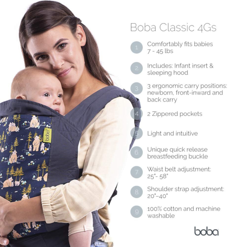 Boba Baby Carrier Classic - Backpack or Front Pack Baby Sling for 7 lb Infants and Toddlers up to 45 pounds (Bear Cub) Boba