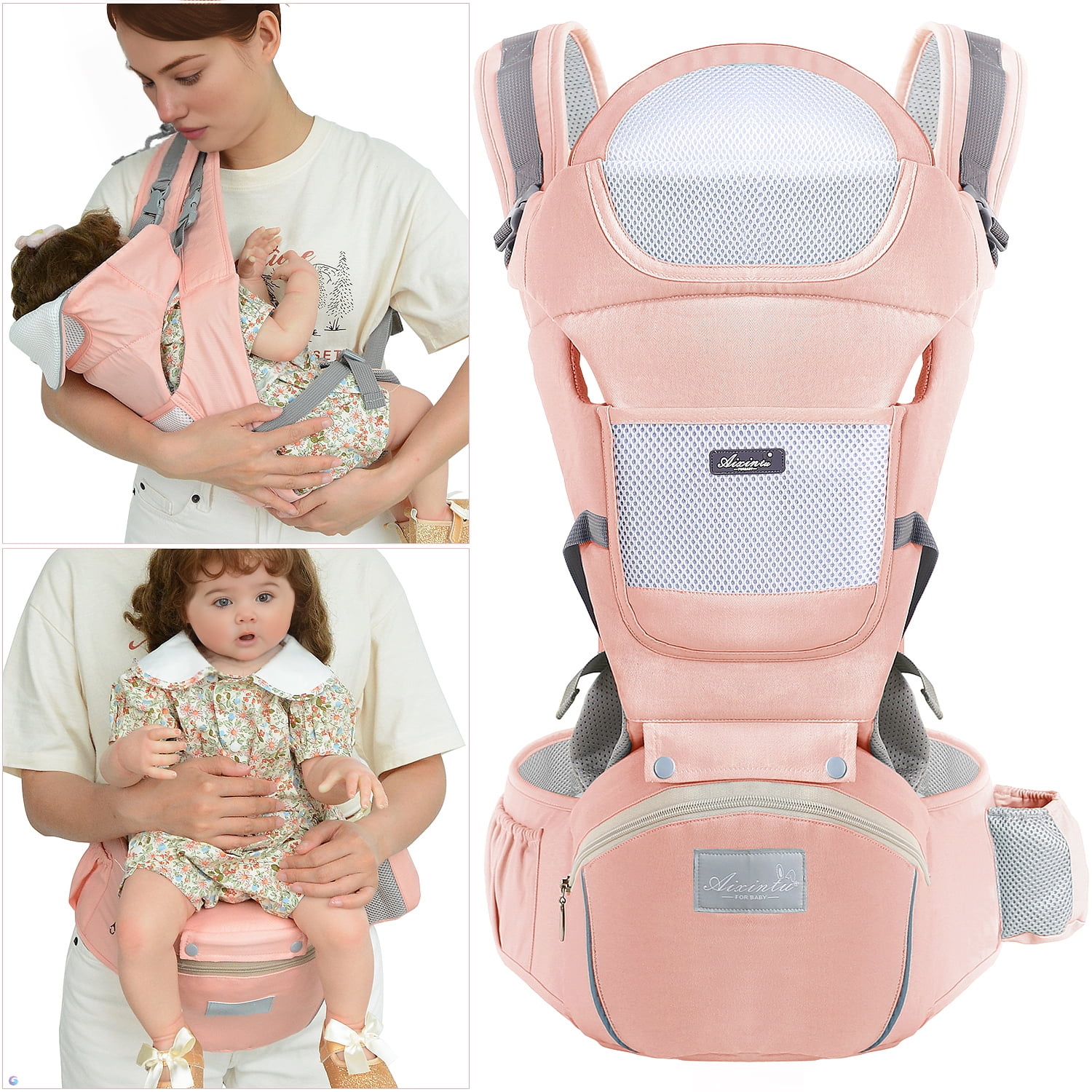 Derstuewe Baby Carrier, Baby Backpack Wrap for Infants Newborn with Hip Seat Lumbar Support ,Soft Pink DERSTUEWE