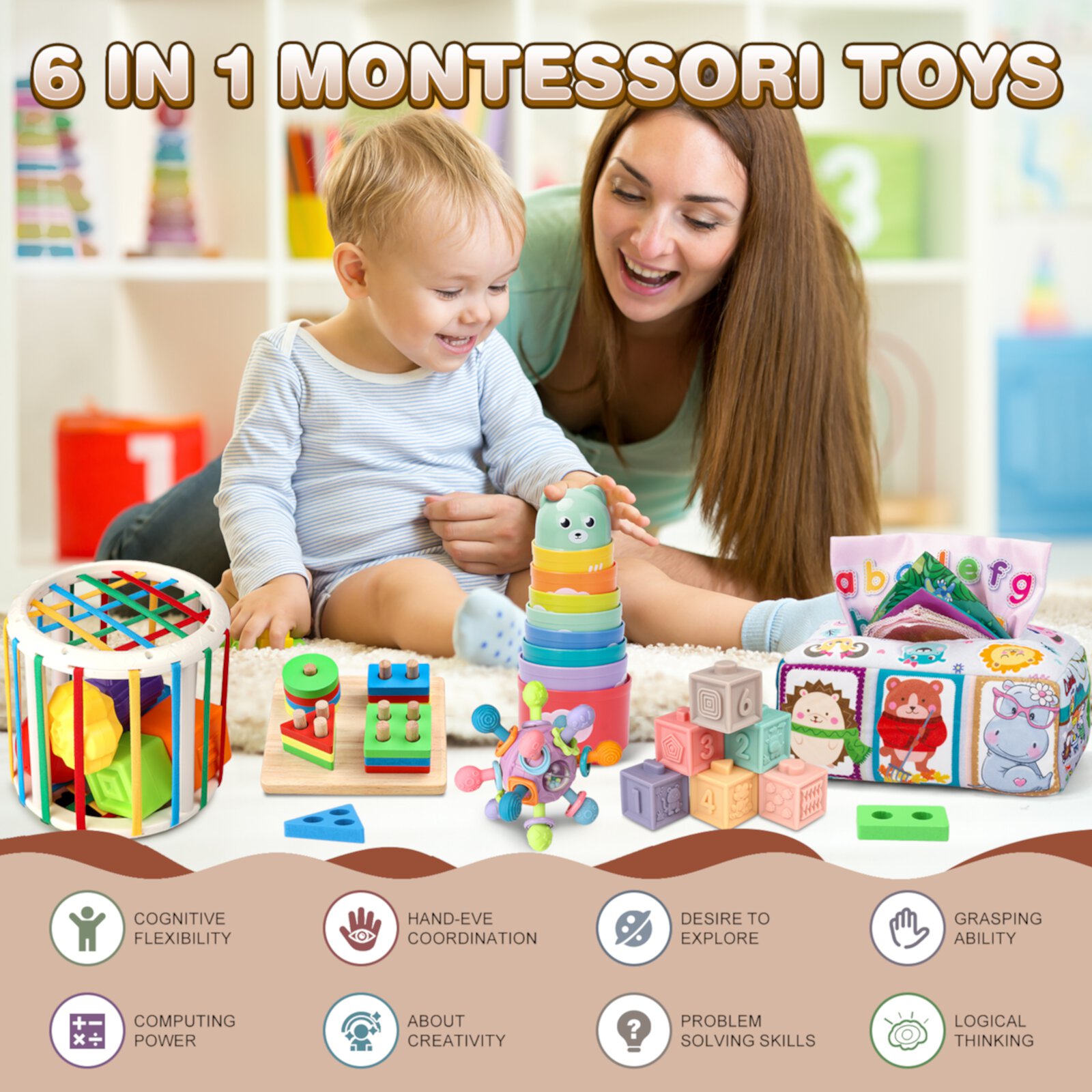 Beefunni Baby Toys 6-12 Months, 6 in 1 Montessori Toys Soft Baby Teething Toys, Sensory Development Education Toys for Baby 12-18 Months Beefunni