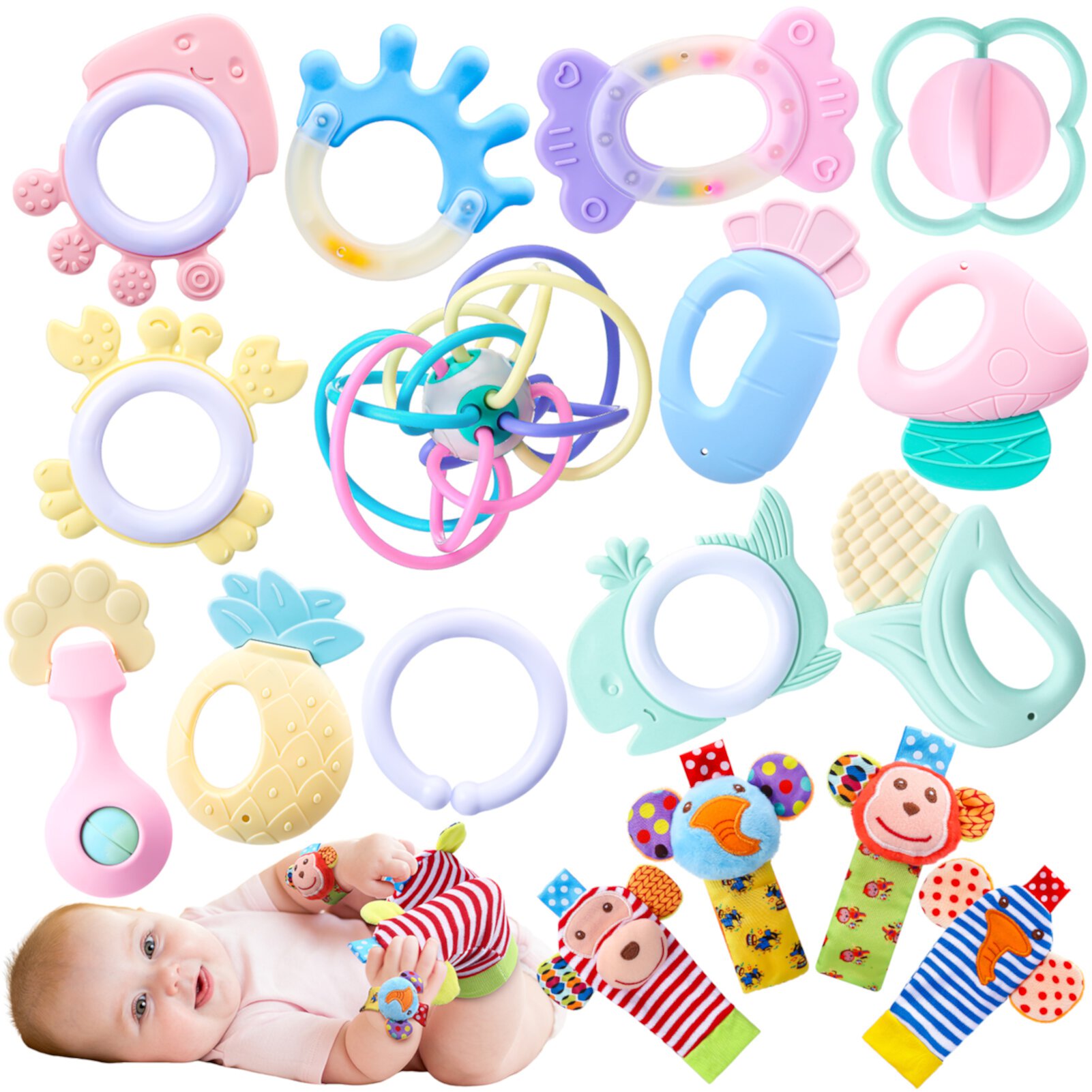 sixwipe 16PCS Baby Rattles 0-6 Months, Baby Wrist Rattles & Foot Finders Sock, Newborn Hand and Foot Rattles/Teething Toy, Educational Development Infant Toys, Baby Toy Socks and Baby Wrist Rattles Sixwipe