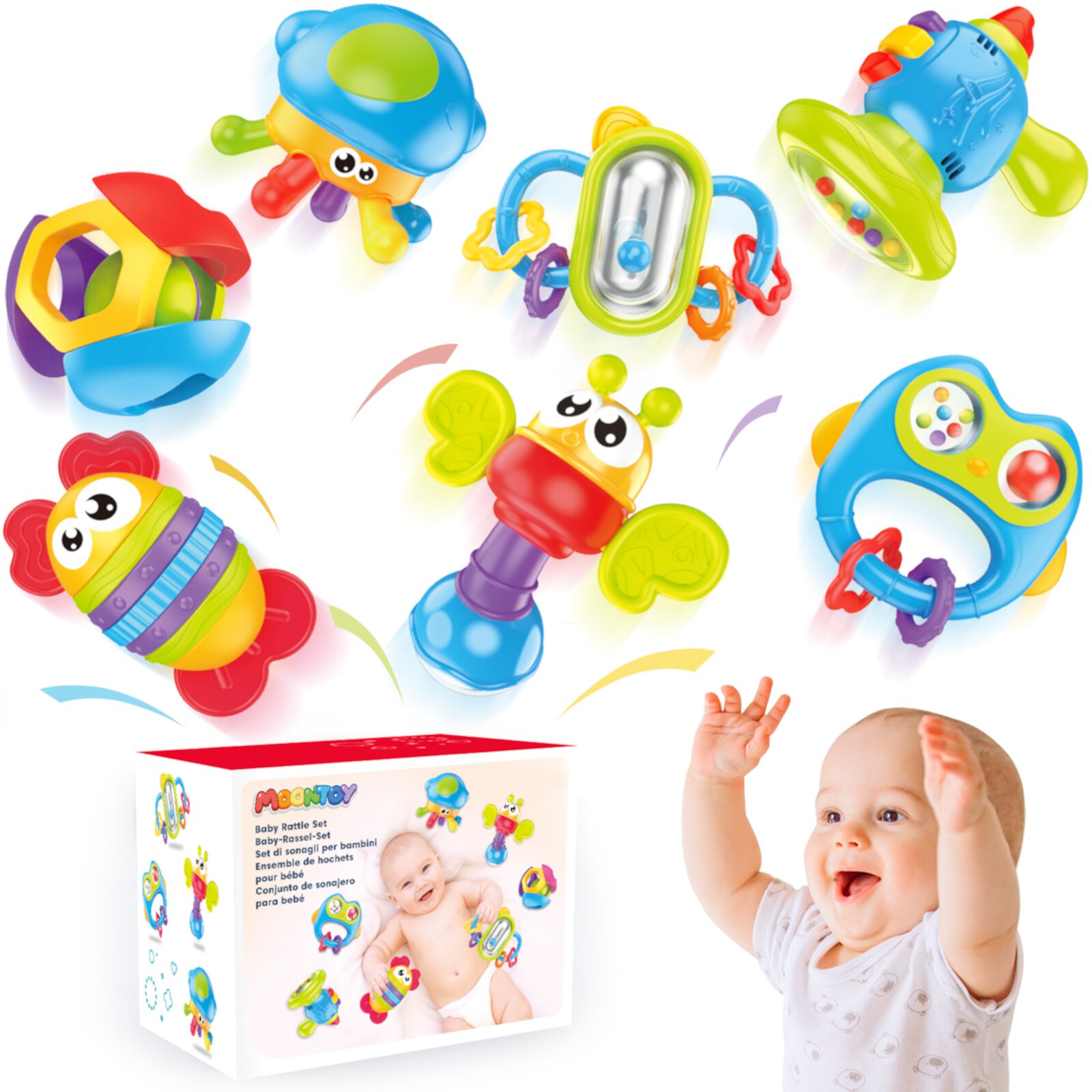 MOONTOY Baby Rattles Toys Set, Baby Infant Toys 0-3-6 Months, Sensory Teether Toy, Babies Development Learning Music Toy, Gifts for Infant Newborn Boys Girls 0 3 6 9 12 18 Months 1 Year Old Visit the MOONTOY Store