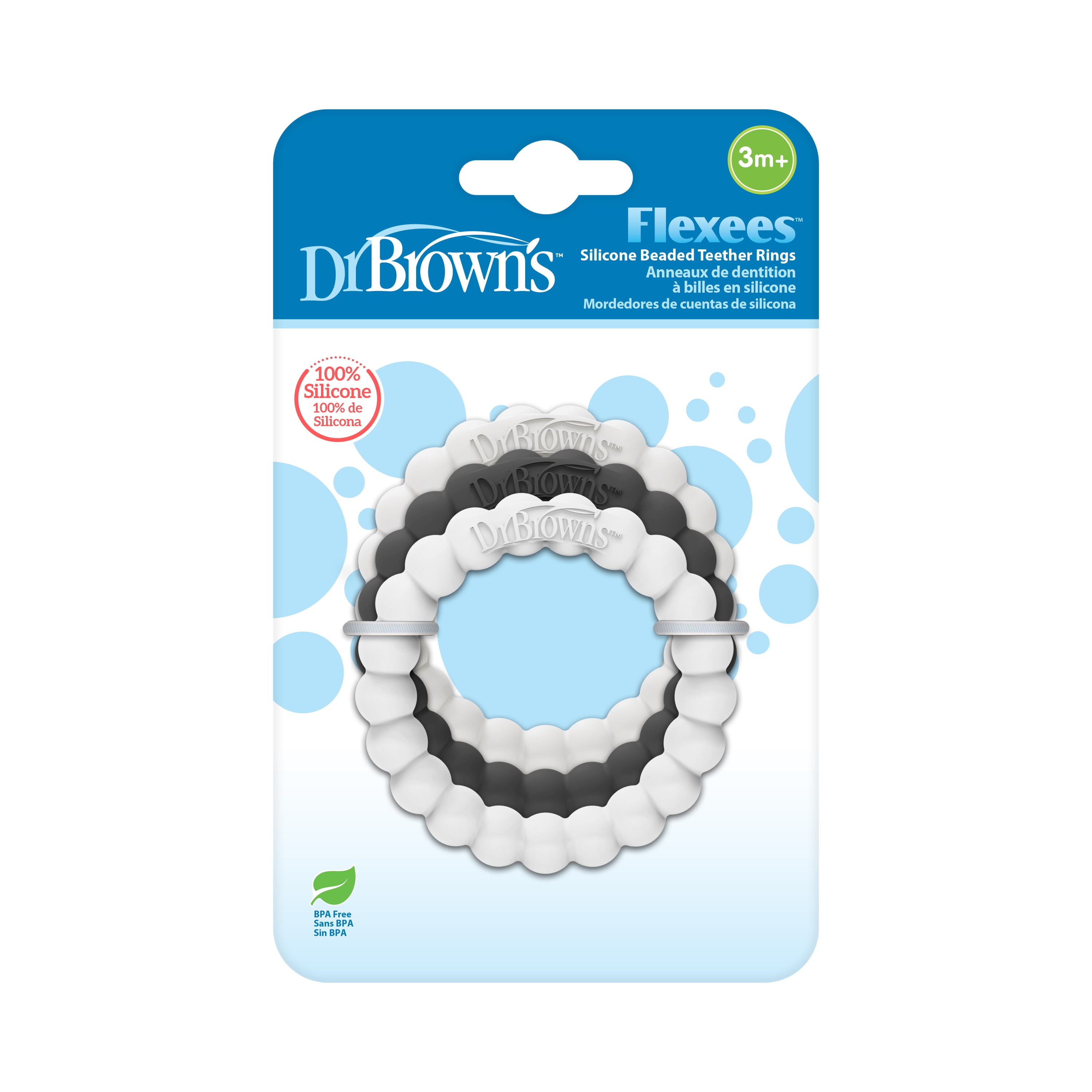 Dr. Brown's Flexees Beaded Teether Rings, 100% Silicone, Soft & Easy to Hold, Encourages Self-Soothing, Gray/Pink/White, BPA Free, 3m+ – 3-Pack Dr. Brown's