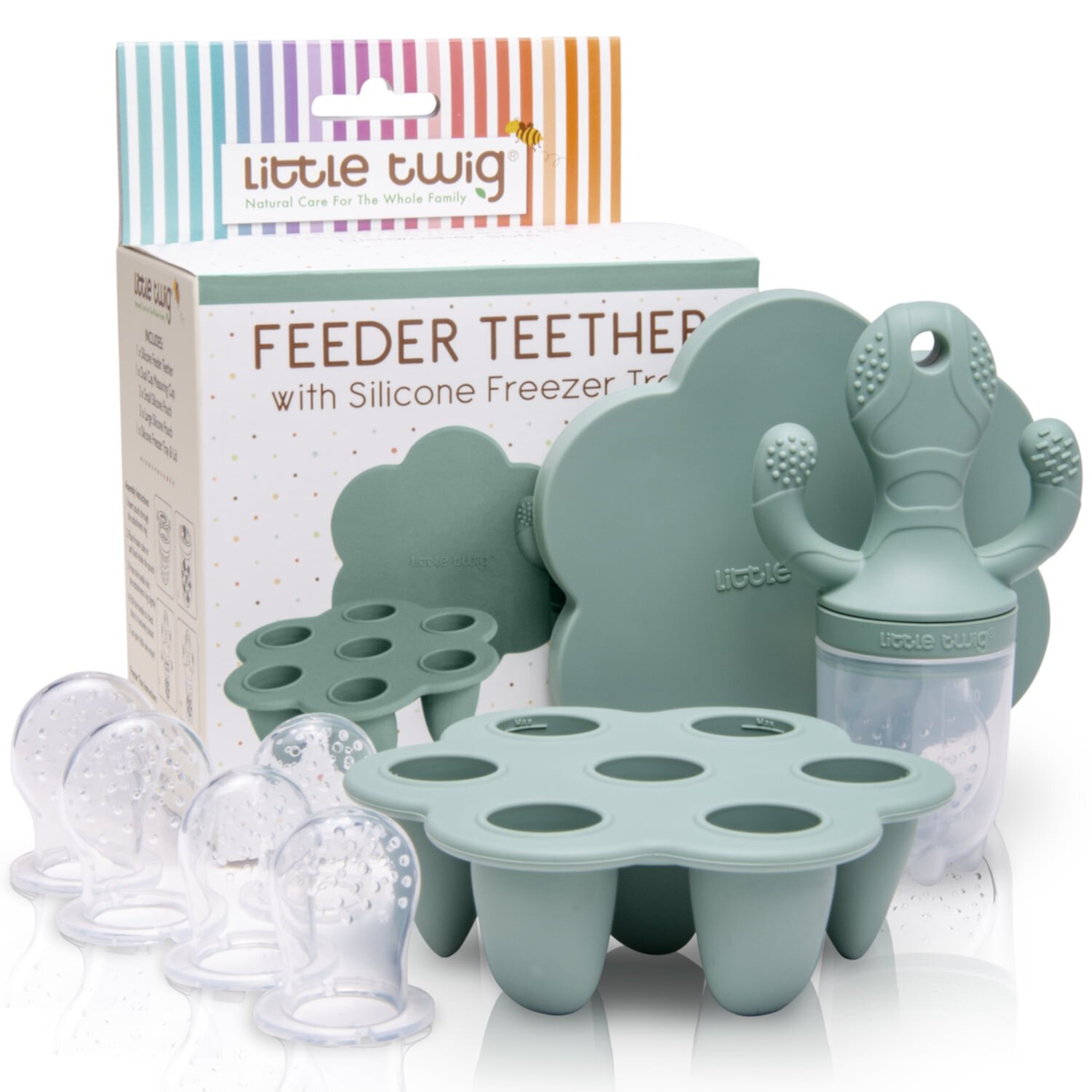 Little Twig Silicone Baby Fruit Feeder Teether Set with Pouches Freezer Tray & Measuring Cup, Sage Little Twig