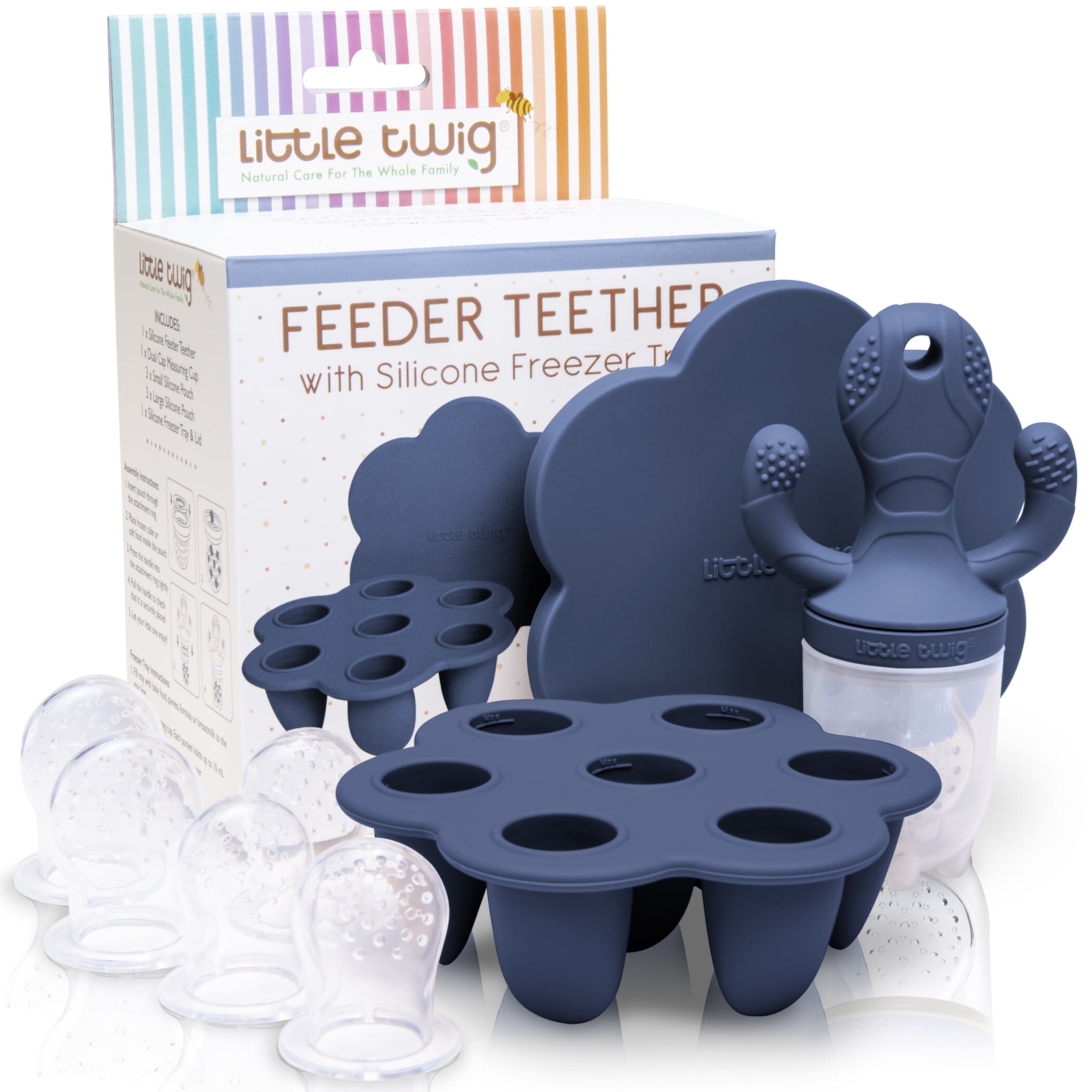 Little Twig Silicone Baby Feeder Teether Set with Pouches Freezer Tray & Measuring Cup, Blue Little Twig