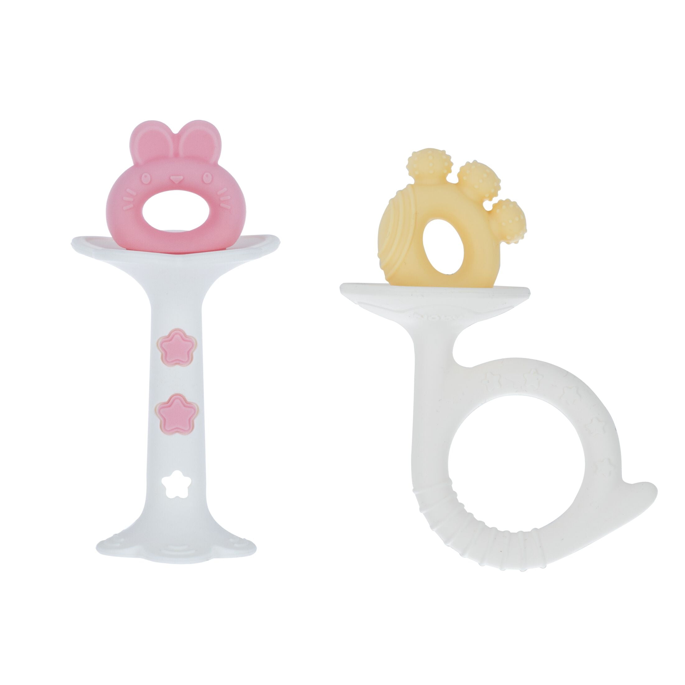 Nuby 2pk Silicone Fun Teether, Bunny & Tuba Teether, Pink and Yellow NUBY