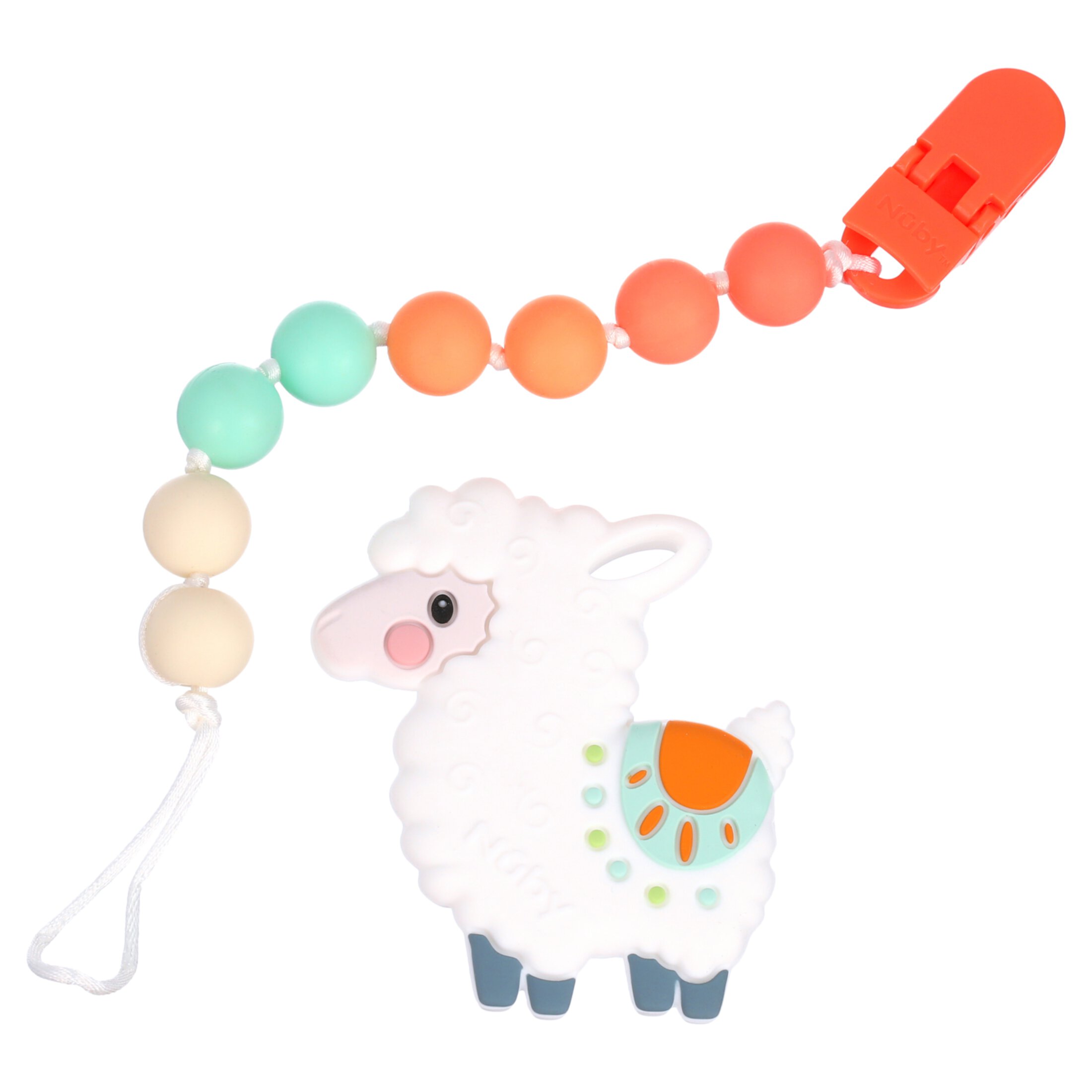 Nuby Pacifinder Pacifier Clip and Silicone Teether Toy for Babies, White Llama Design NUBY