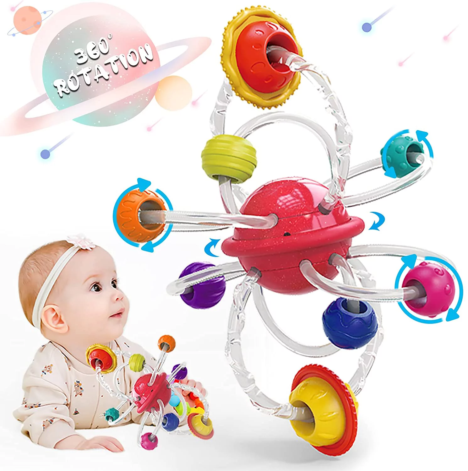 ZHANGHENG Baby Teething Toys for Babies 6-12-18 Months Textured Planet Hand Catching Ball Hand Teether Baby Rattle Toy 6 to 12 Month Multi Sensory Learning Infant Loop Toy ZHANGHENG