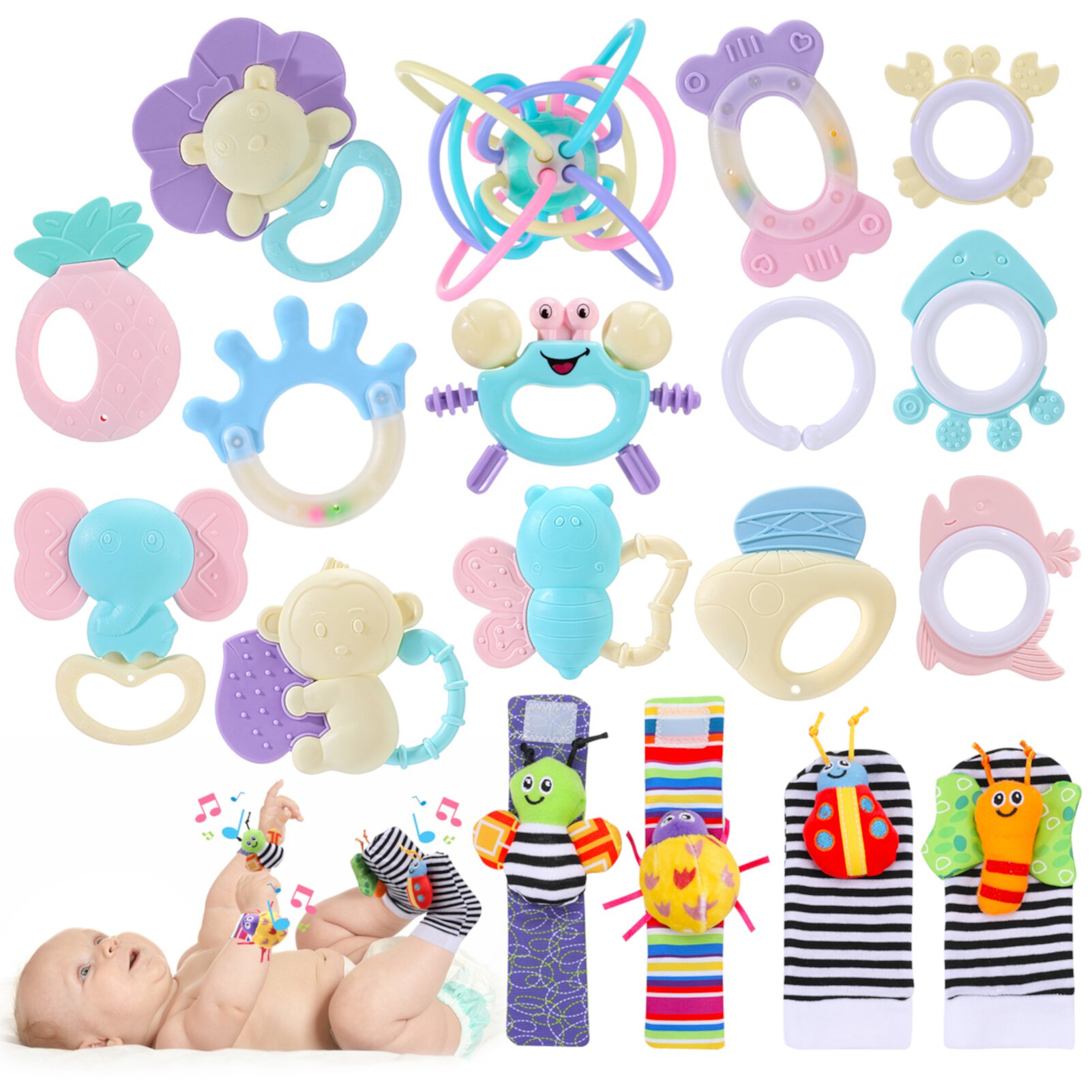 sixwipe 18Pcs Baby Rattles 0-6 Months, Baby Wrist Rattles & Foot Finders Sock, Newborn Hand and Foot Rattles/Teething Toy for Babies, Newborn Baby Boy Girl Rattles Gifts Set Sixwipe