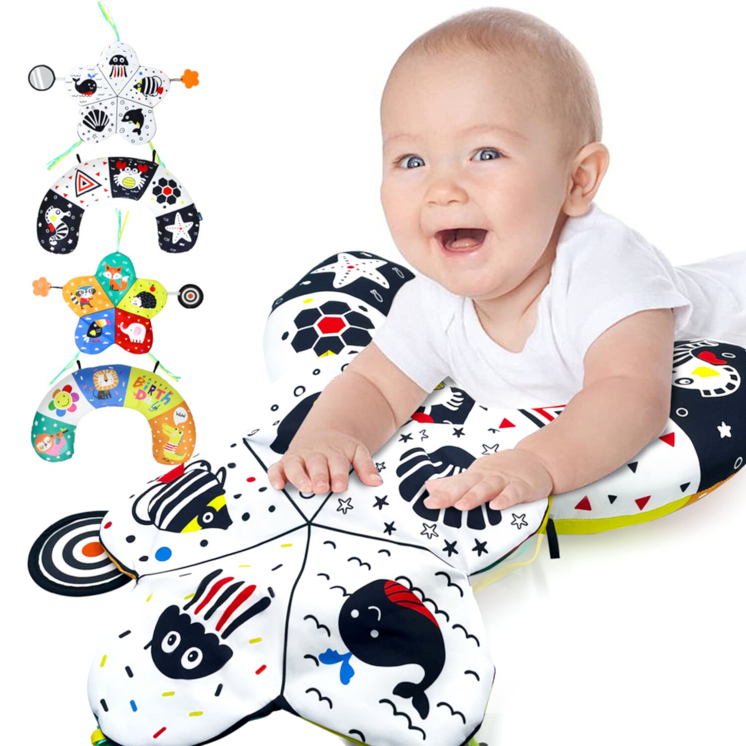 Baby Toys 0-6 Months, Tummy Play Time Pillow with Crinkle Mat & Teethers, Black and White High Contrast Baby Toys with Mirror, Montessori Sensory Crawling Toy for Infant Newborn Toddler Style-Carry