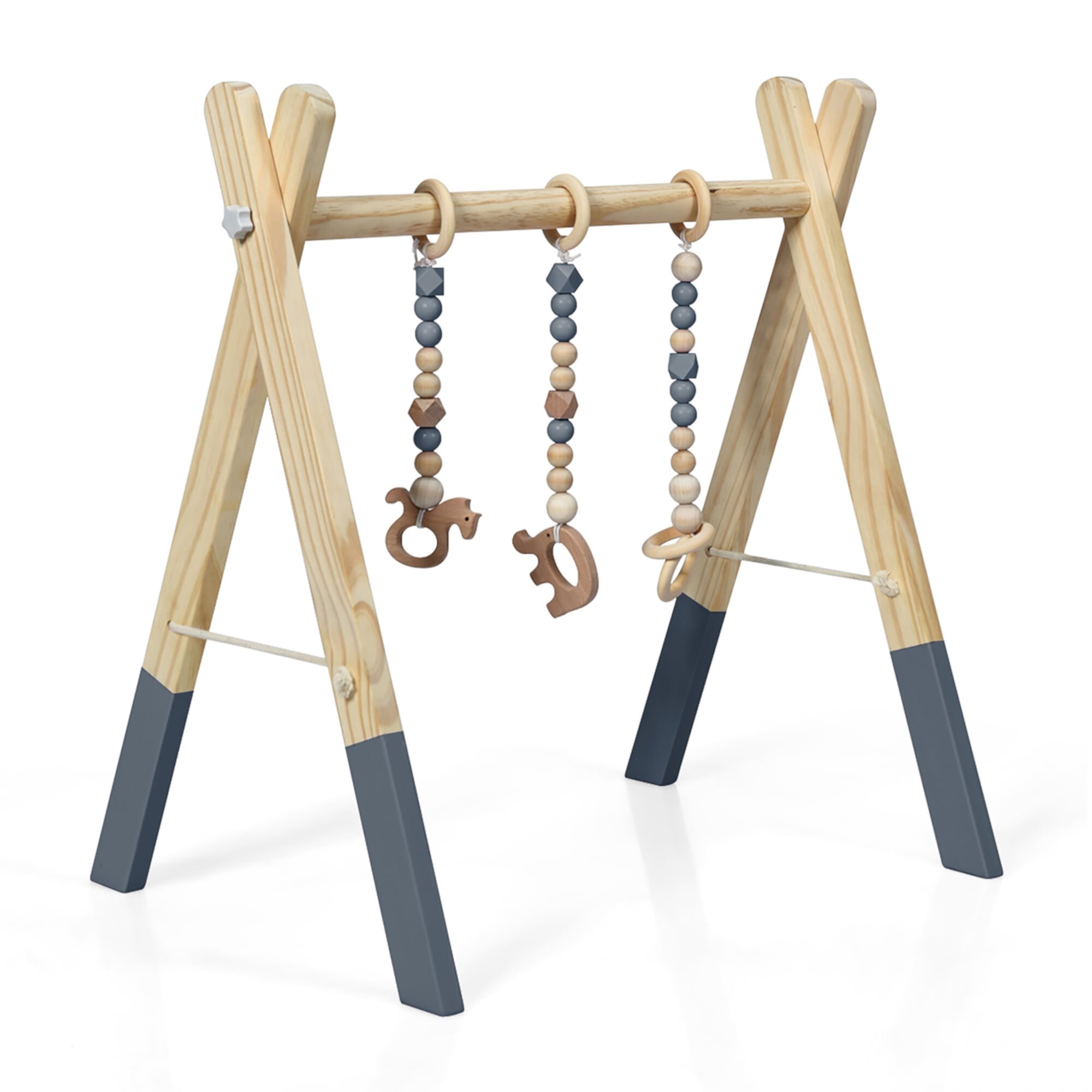 Costway Foldable Wooden Baby Gym with 3 Wooden Teething Toys Hanging Bar Gray Visit the Costway Store