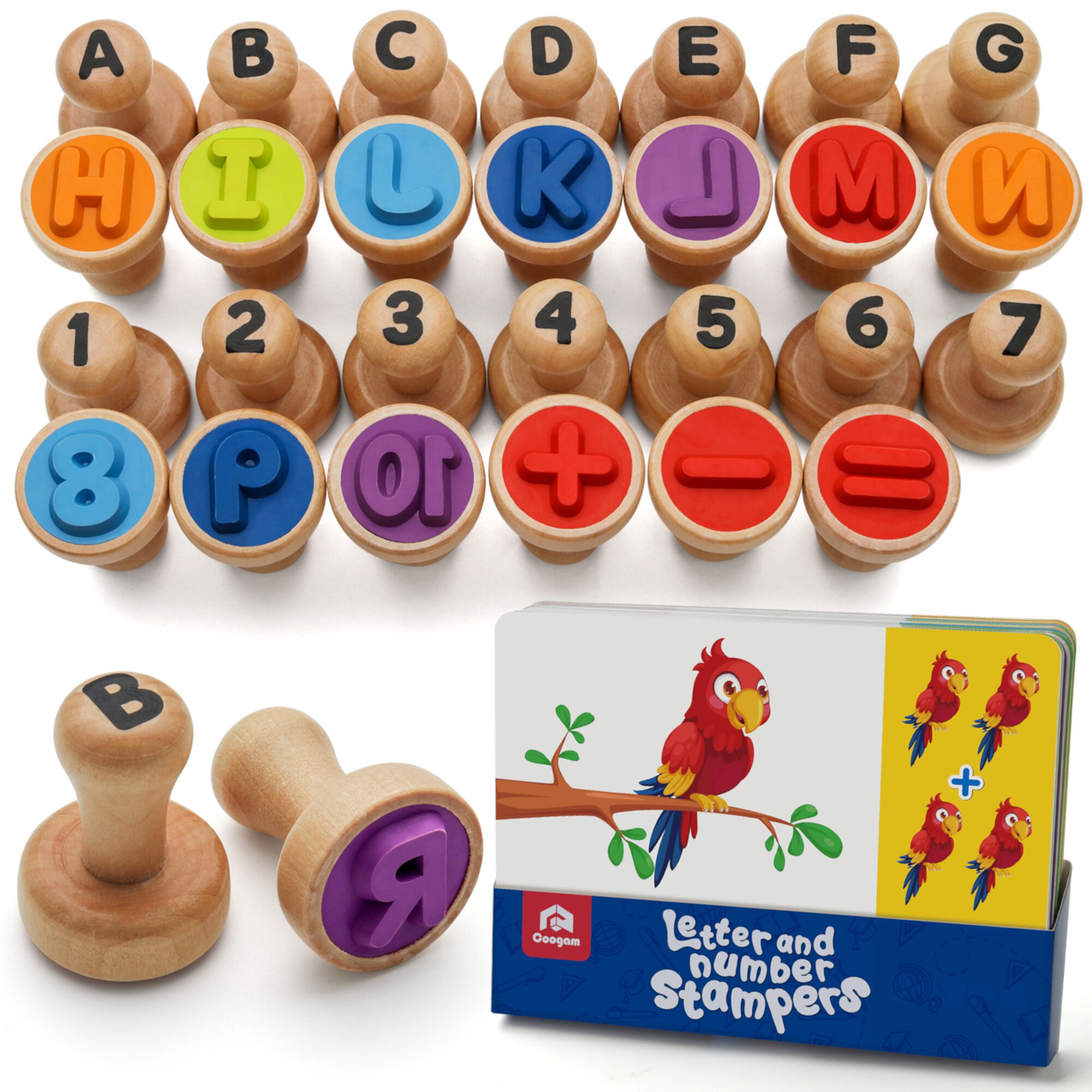 Coogam Wooden Alphabet Number Learning Stamp Flashcard, ABC Spelling Letter Stampers and Mathematics Number Arts and Crafts Supplies, Montessori Educational Toy for 3 Year Old Coogam